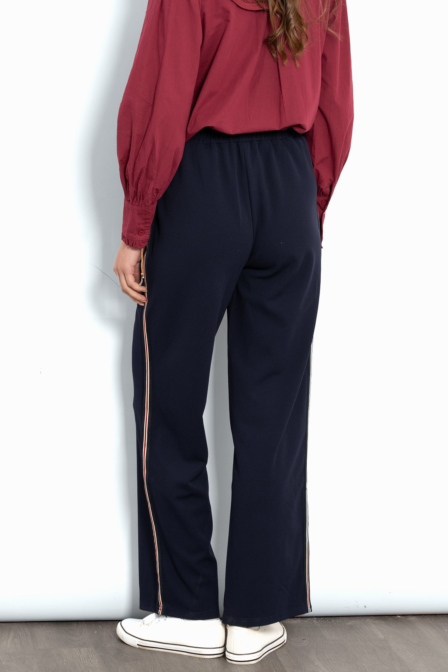 Margot Wide Leg Trousers- Navy Blue/Red, Stripe