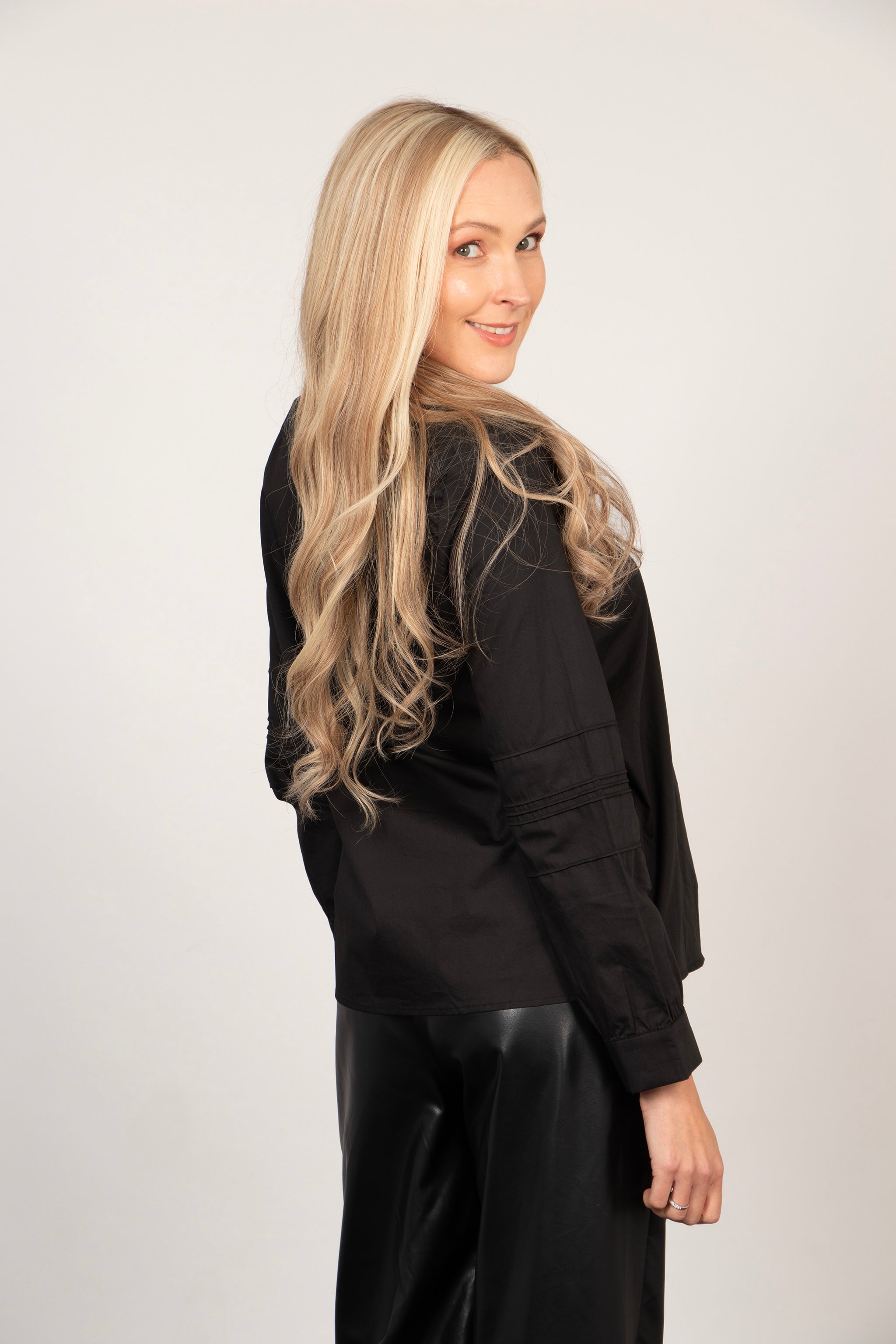 Ophelia Grandad Collar Cotton Shirt - Black, Pleated