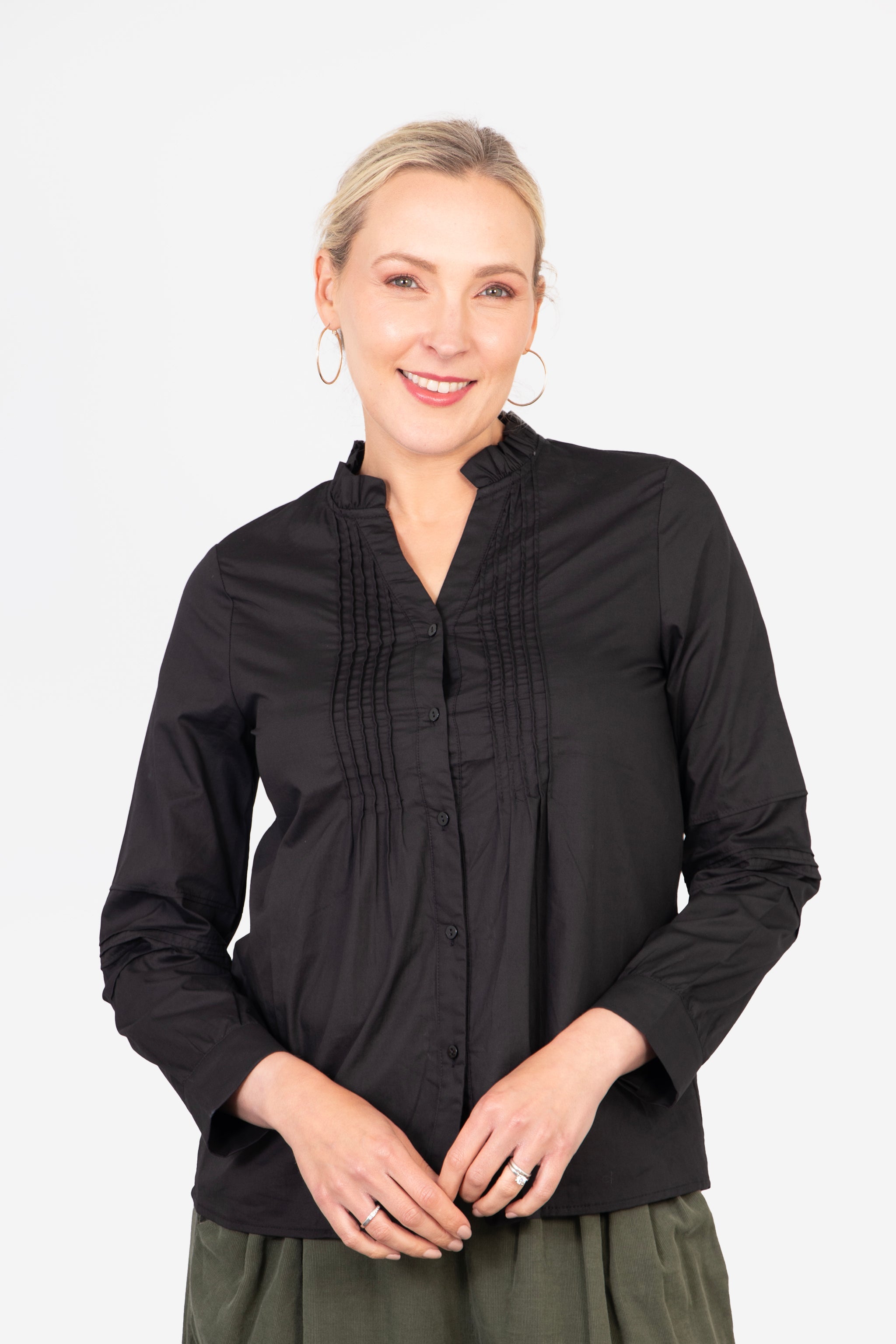 Ophelia Grandad Collar Cotton Shirt - Black, Pleated