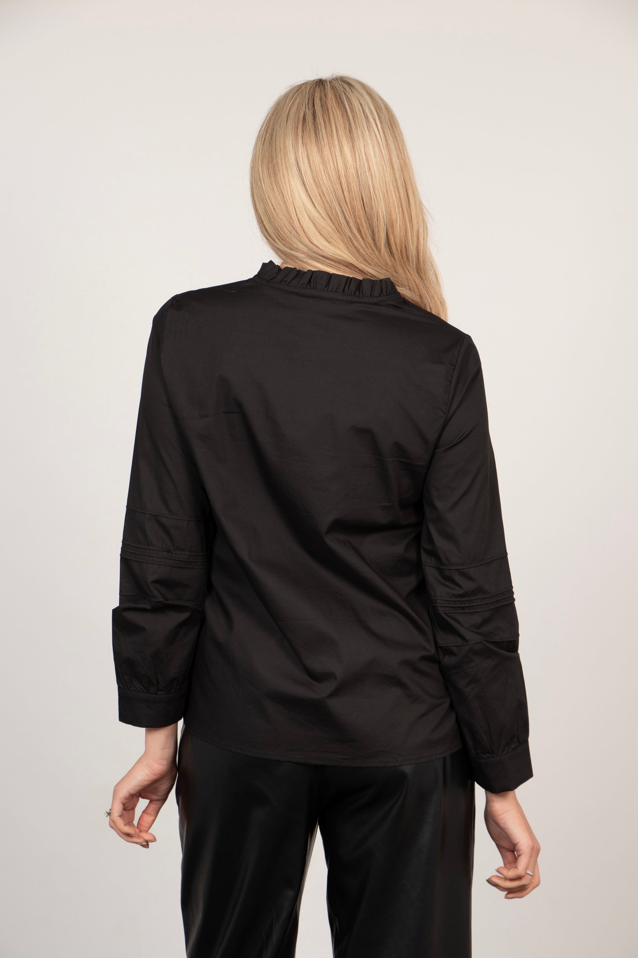 Ophelia Grandad Collar Cotton Shirt - Black, Pleated