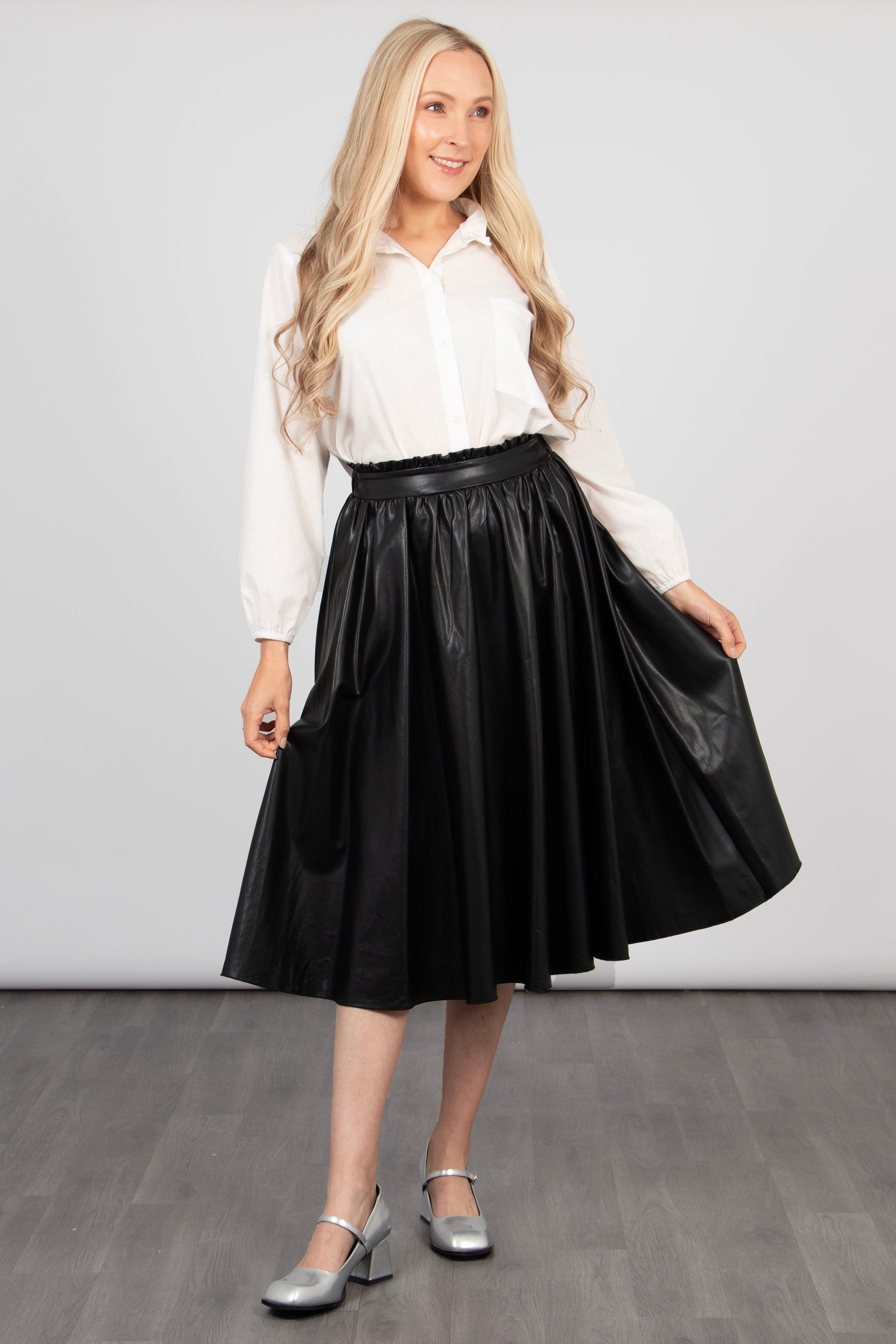 Phoebe A-Line Midi Skirt - Black, Faux Leather