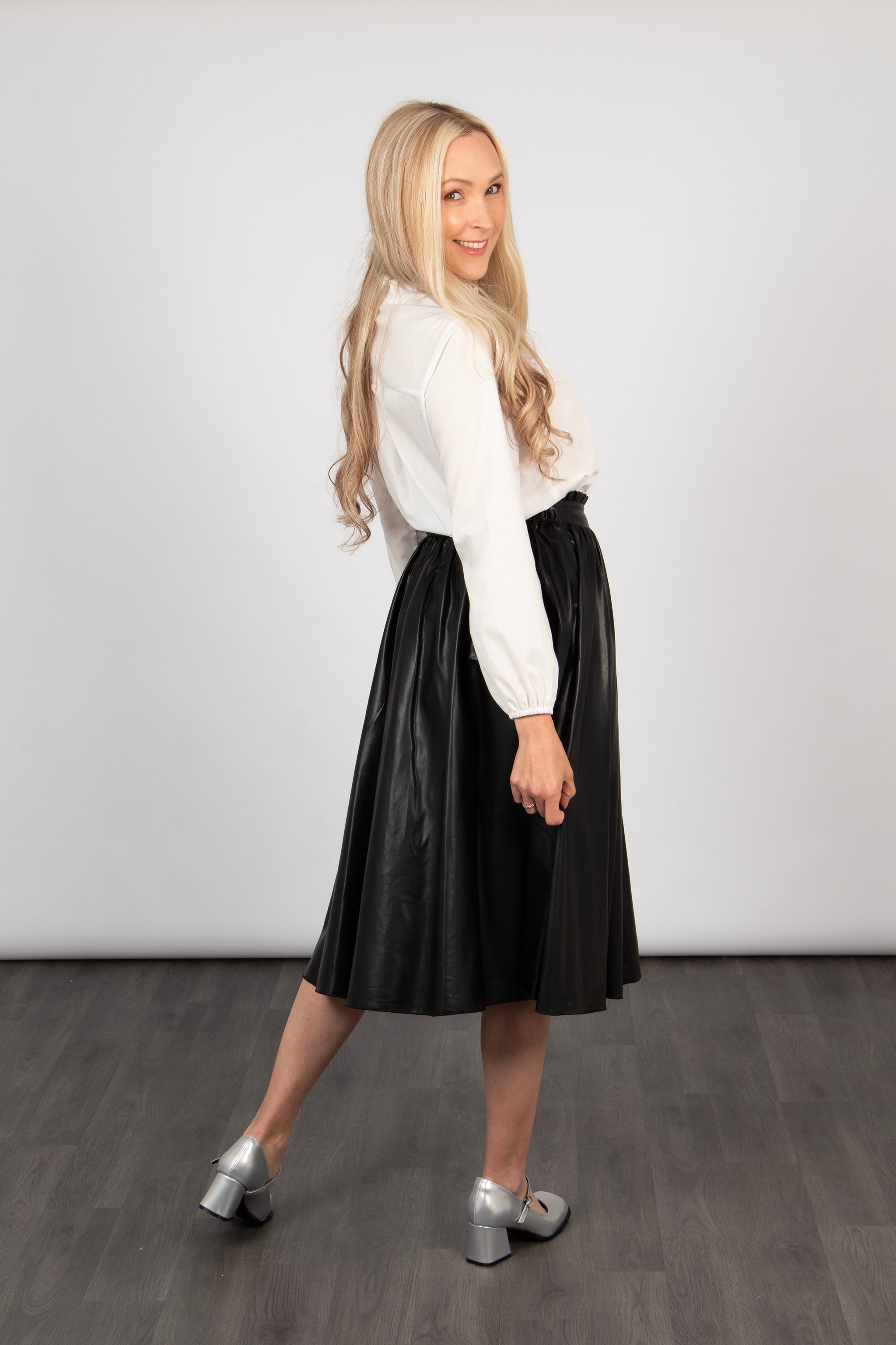 Phoebe A-Line Midi Skirt - Black, Faux Leather