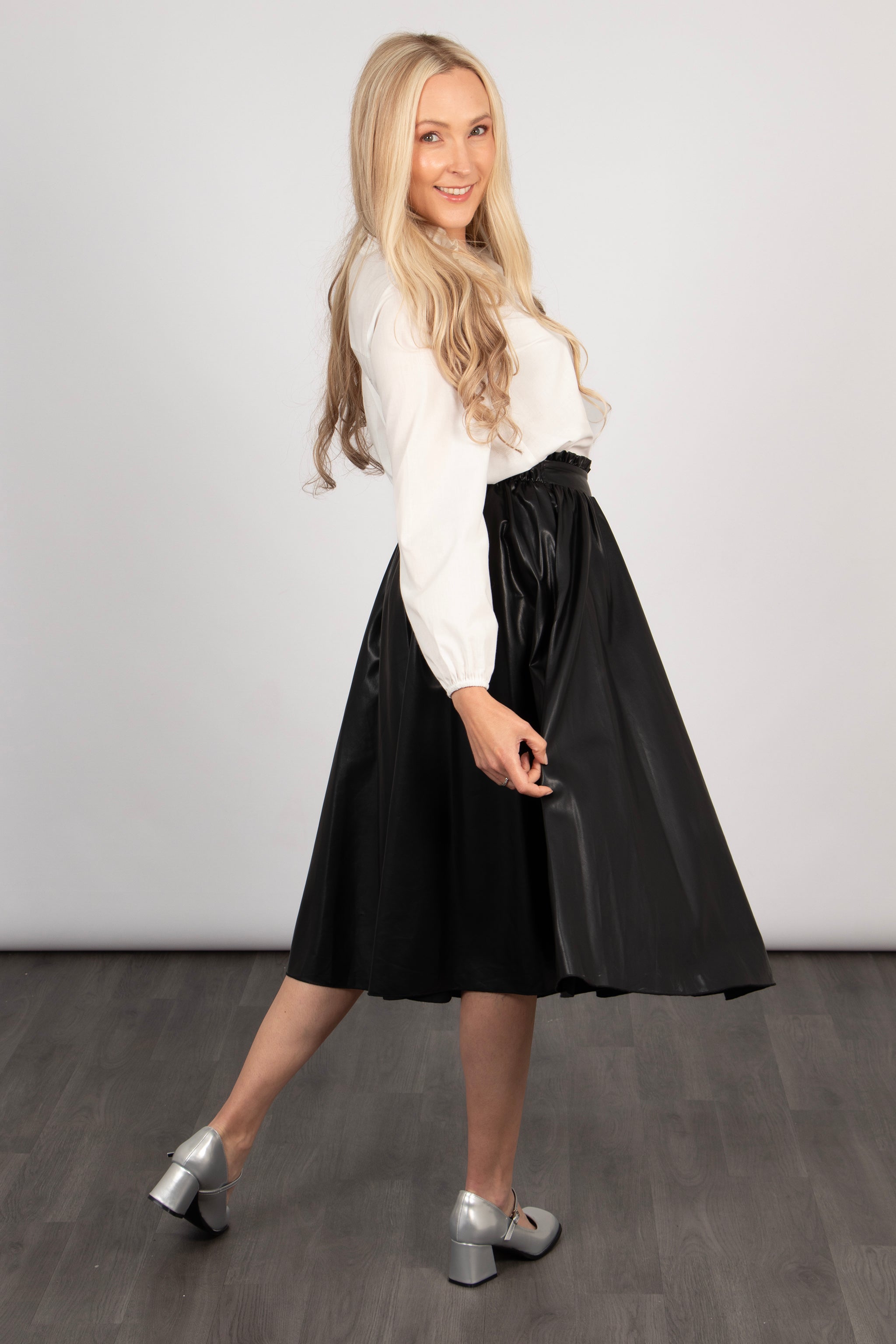 Phoebe A-Line Midi Skirt - Black, Faux Leather