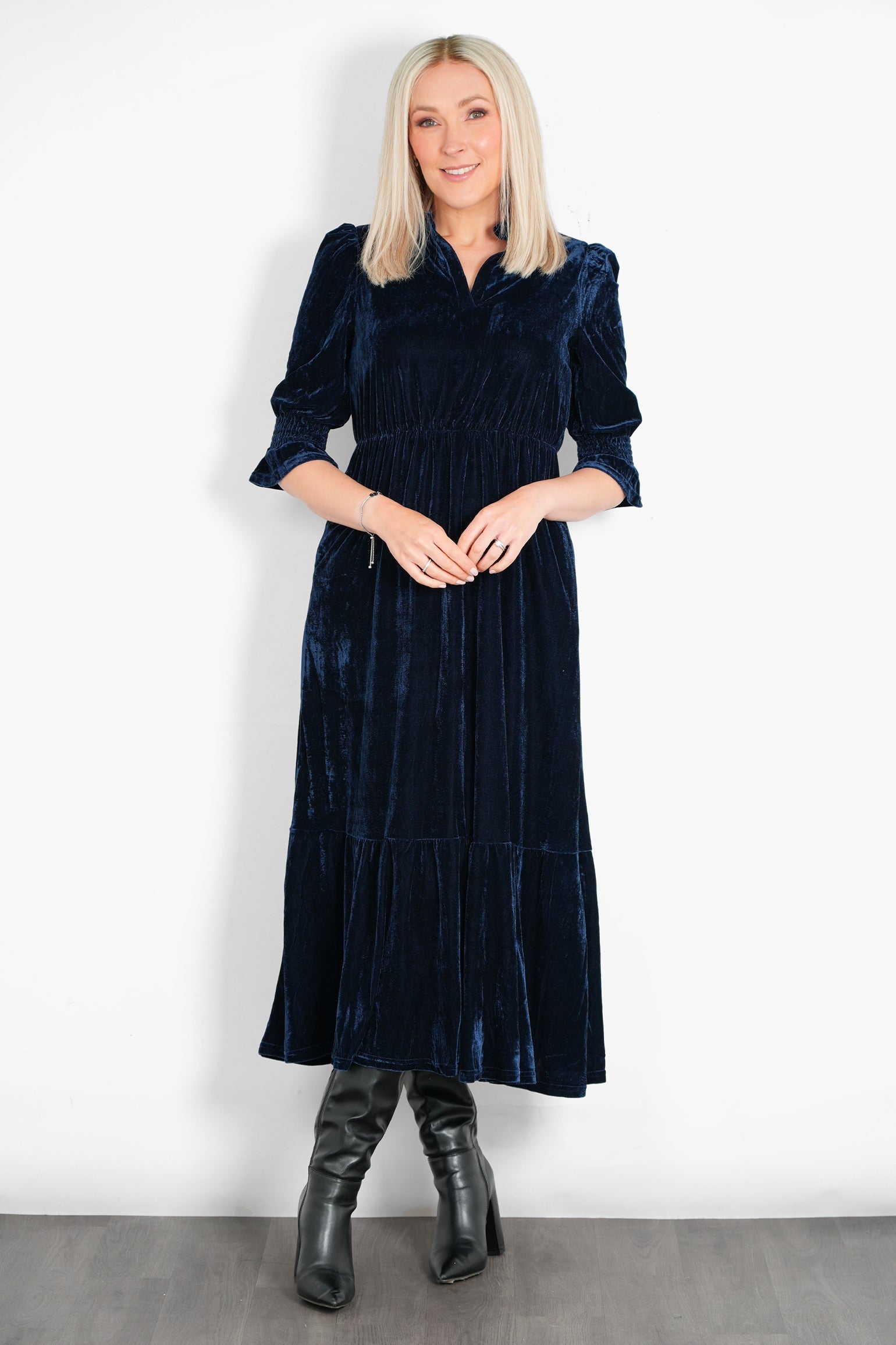 pandora-v-neck-midaxi-dress-navy-blue-velvet-model-front-view