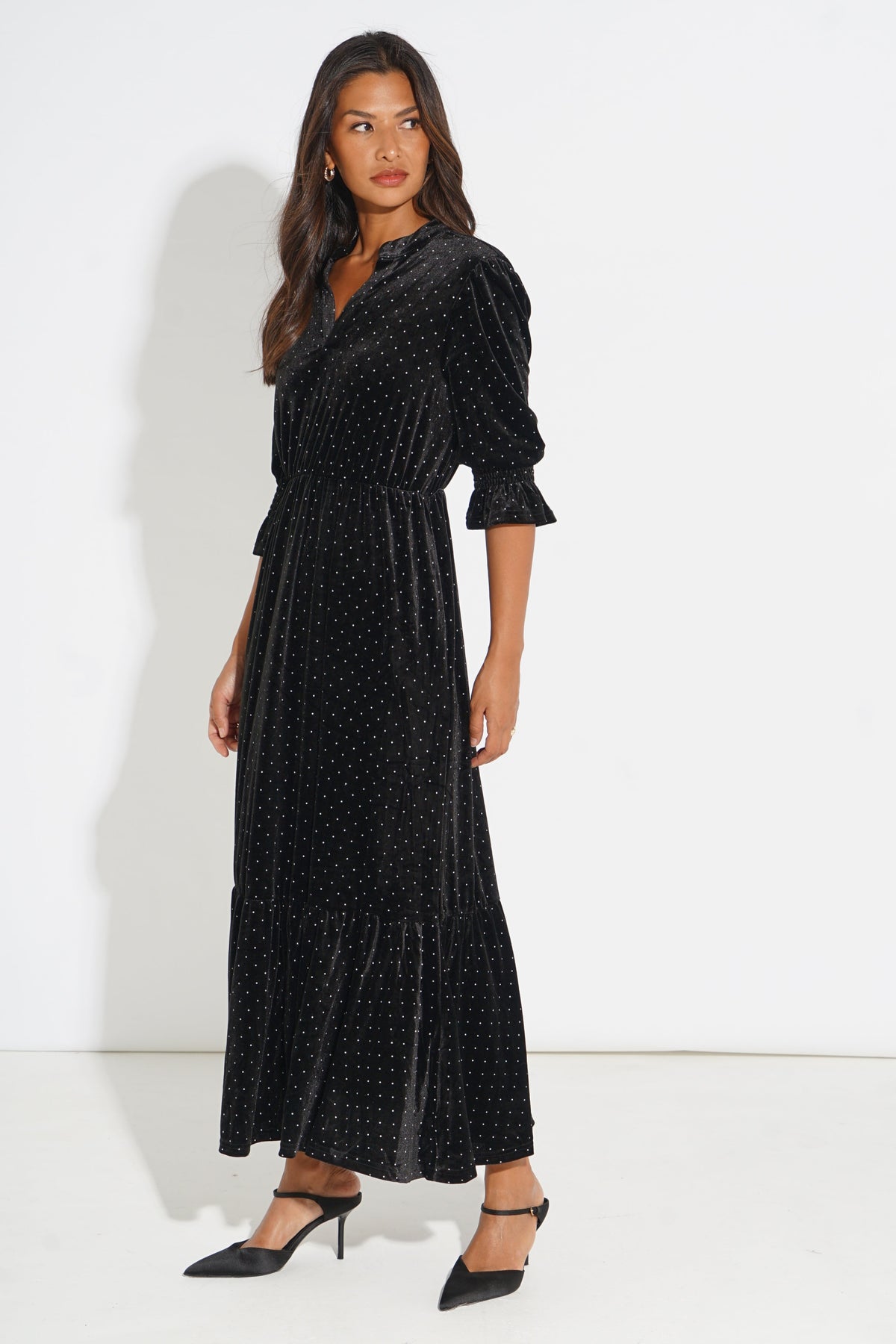 Velvet-Polka-Dot-Pandora-V-Neck-Midaxi-Dress-in-Black