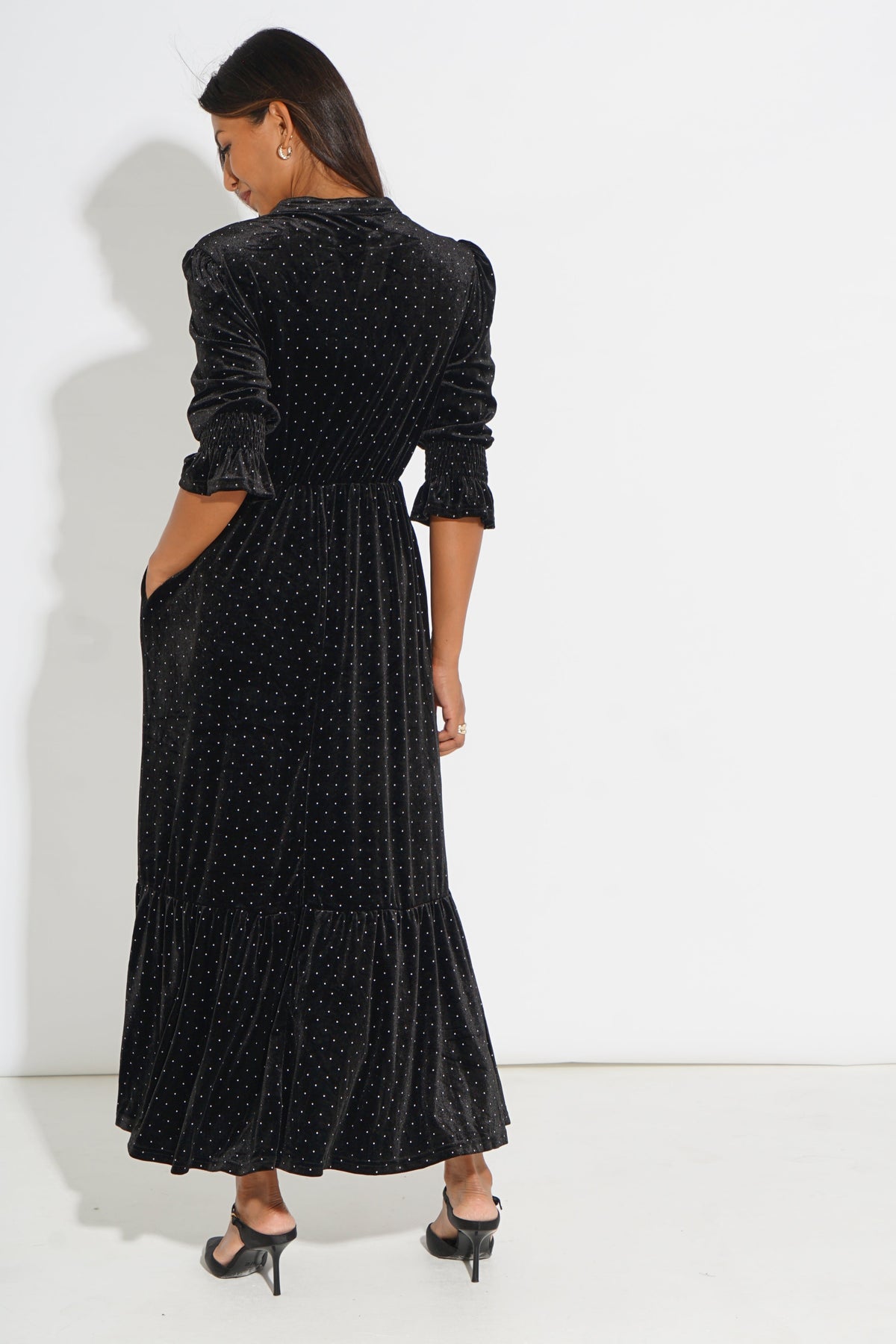 Velvet-Polka-Dot-Pandora-V-Neck-Midaxi-Dress-in-Black