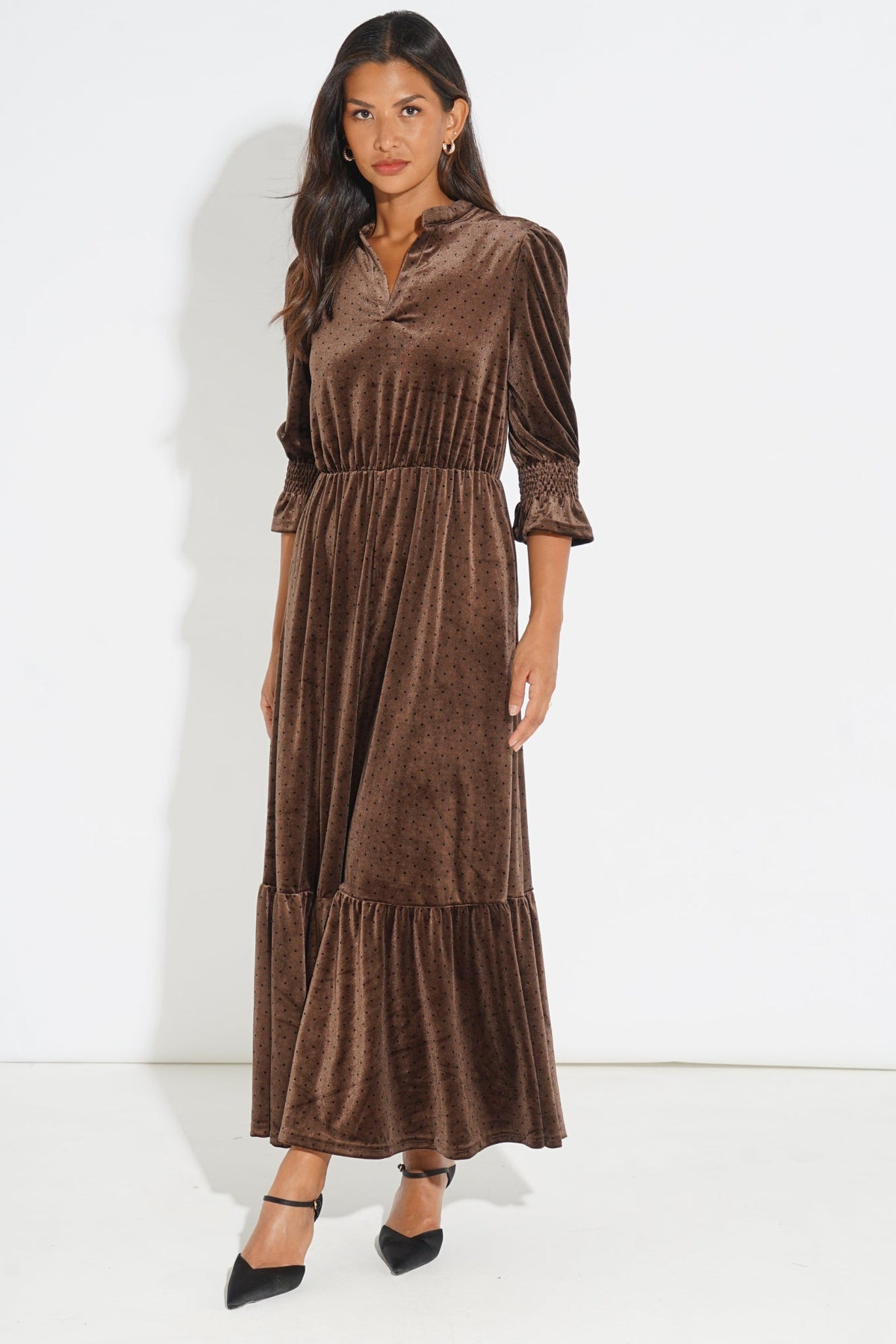 Velvet-Polka-Dot-Pandora-V-Neck-Midaxi-Dress-in-Brown