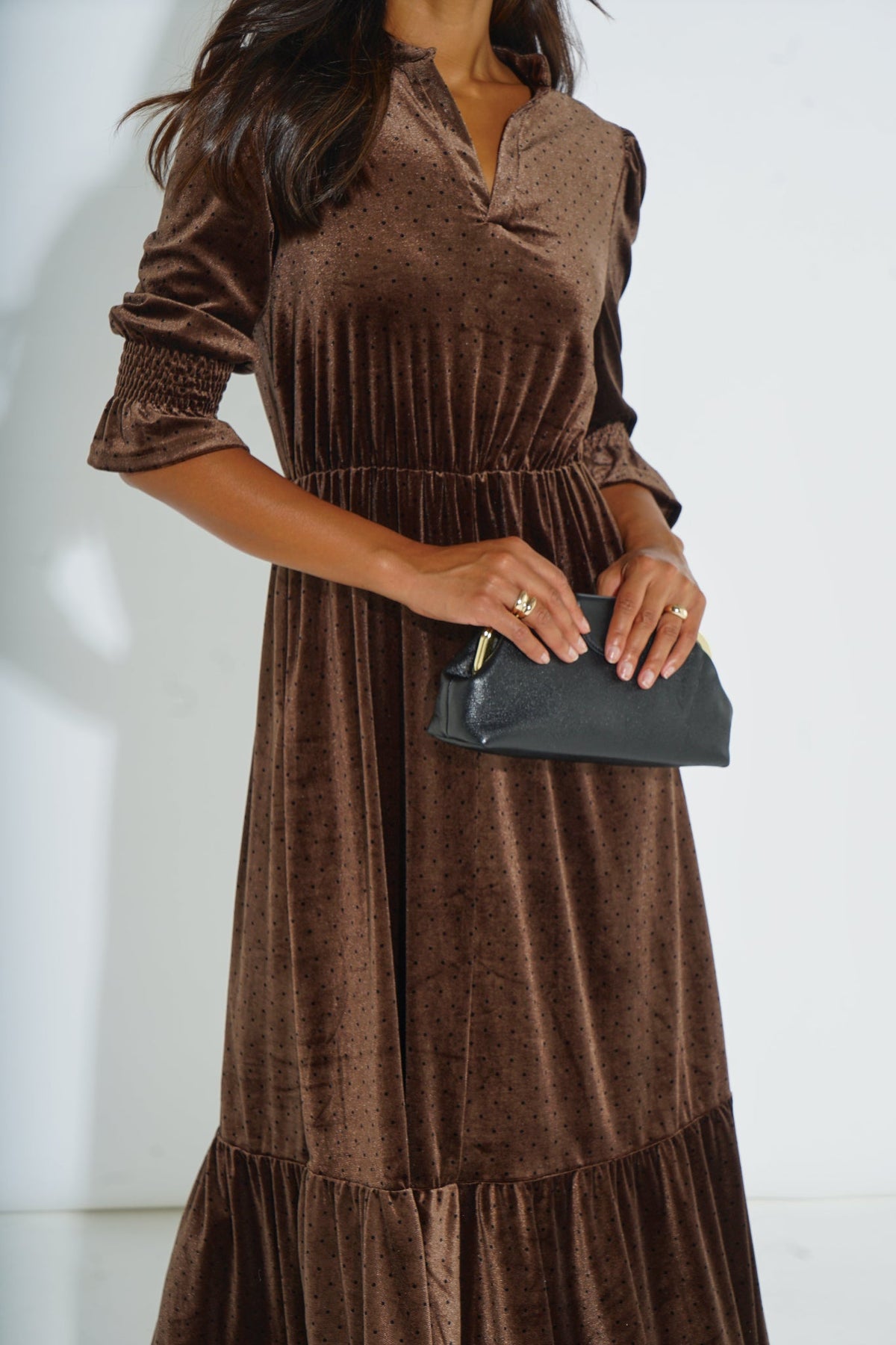 Velvet-Polka-Dot-Pandora-V-Neck-Midaxi-Dress-in-Brown