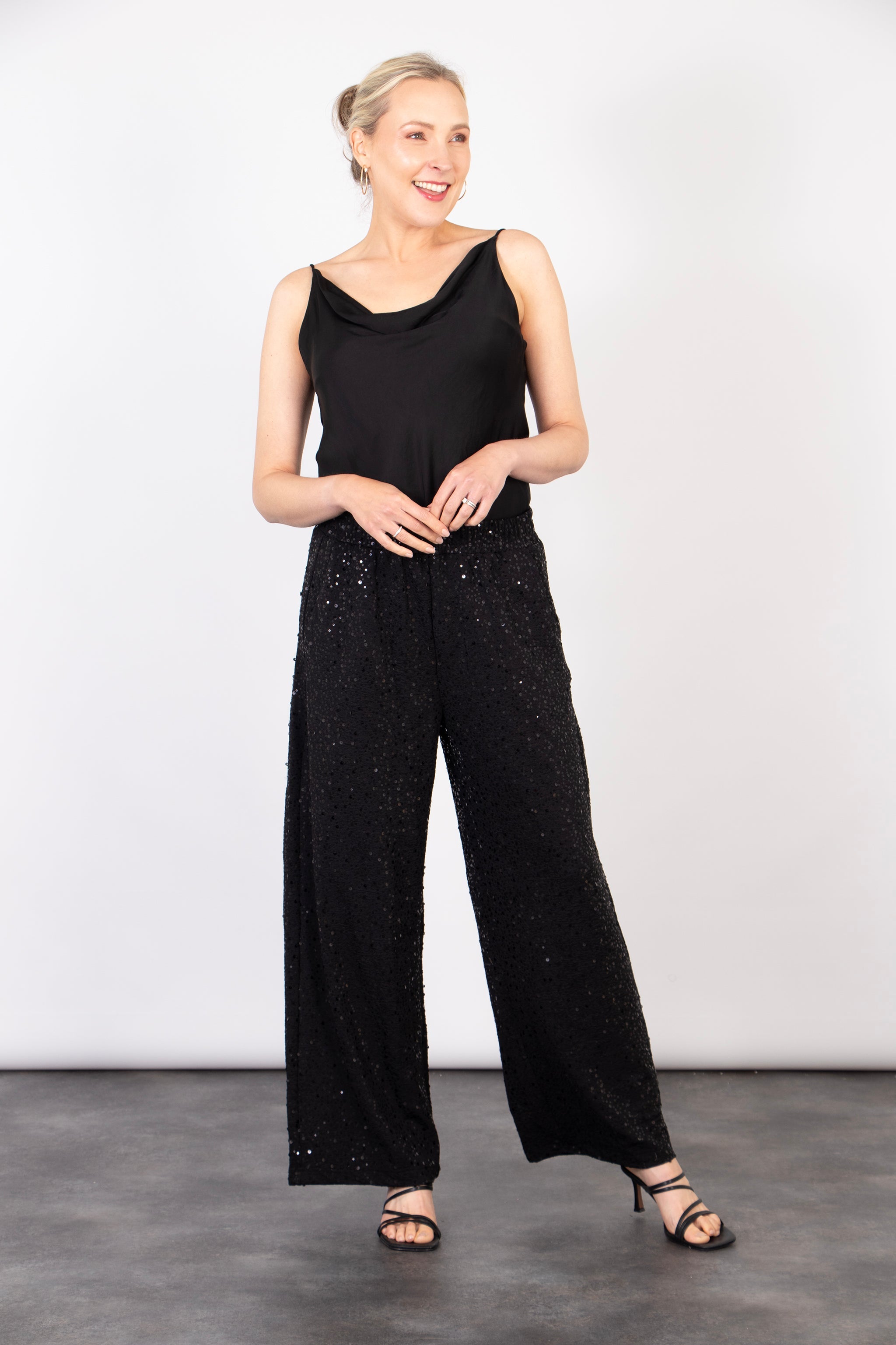Aria Wide Leg Trouser - Black, Sequin