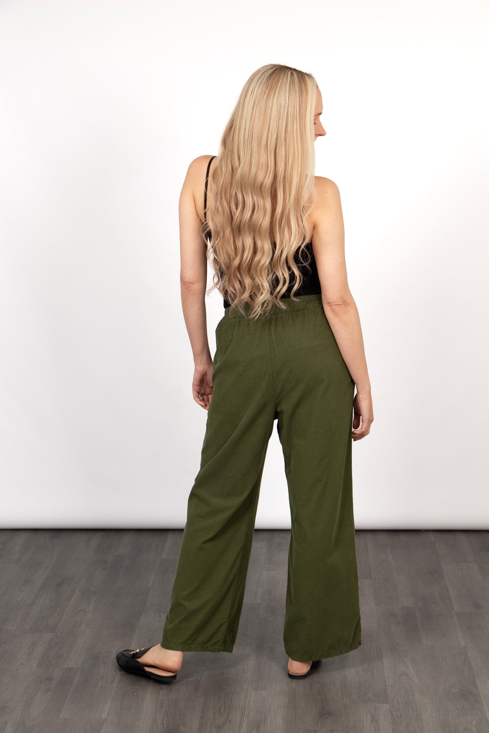 Della Wide Leg Cropped Trousers - Khaki, Babycord