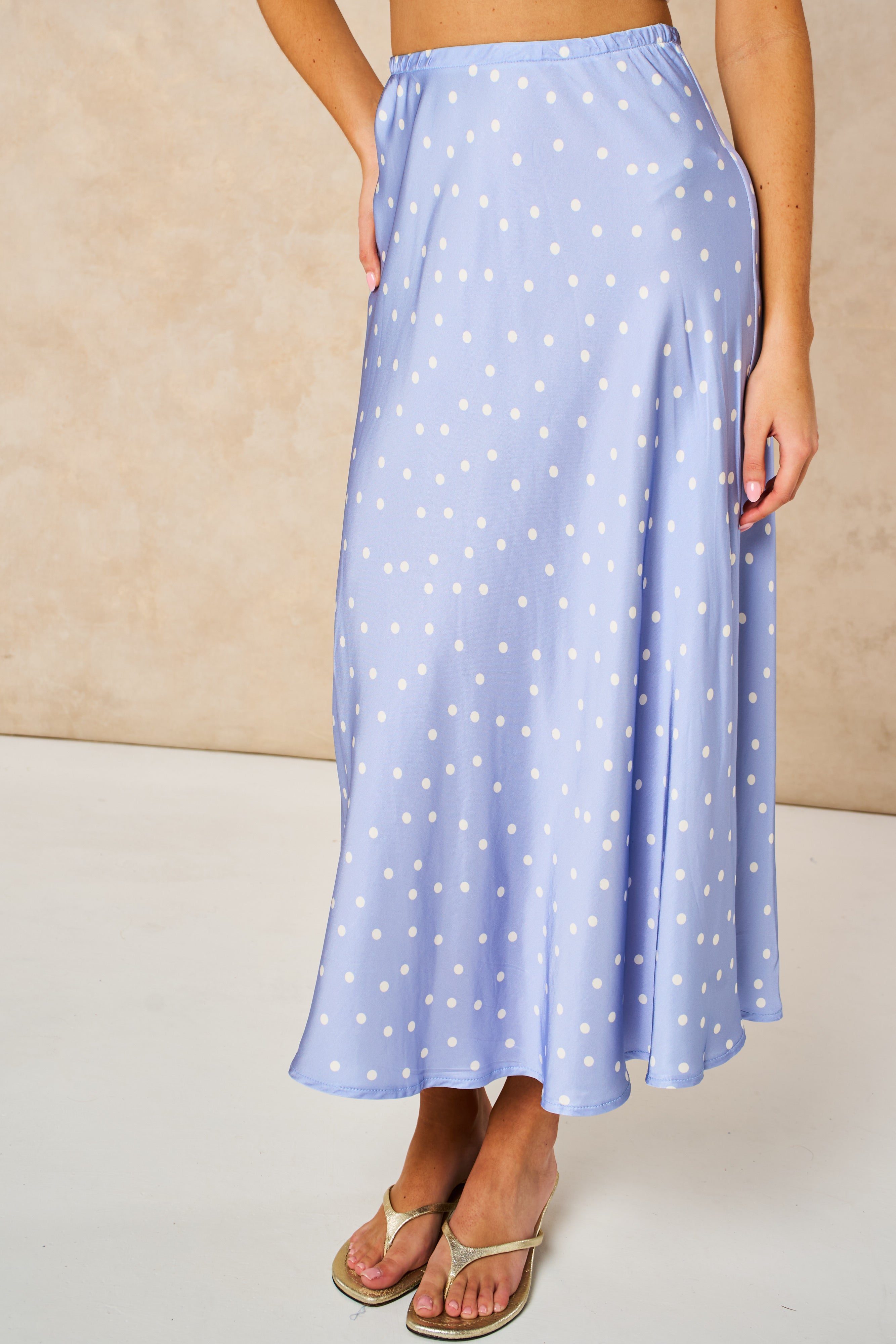 Cassie Midi Slip Skirt - Denim Blue/White, Polka Dot