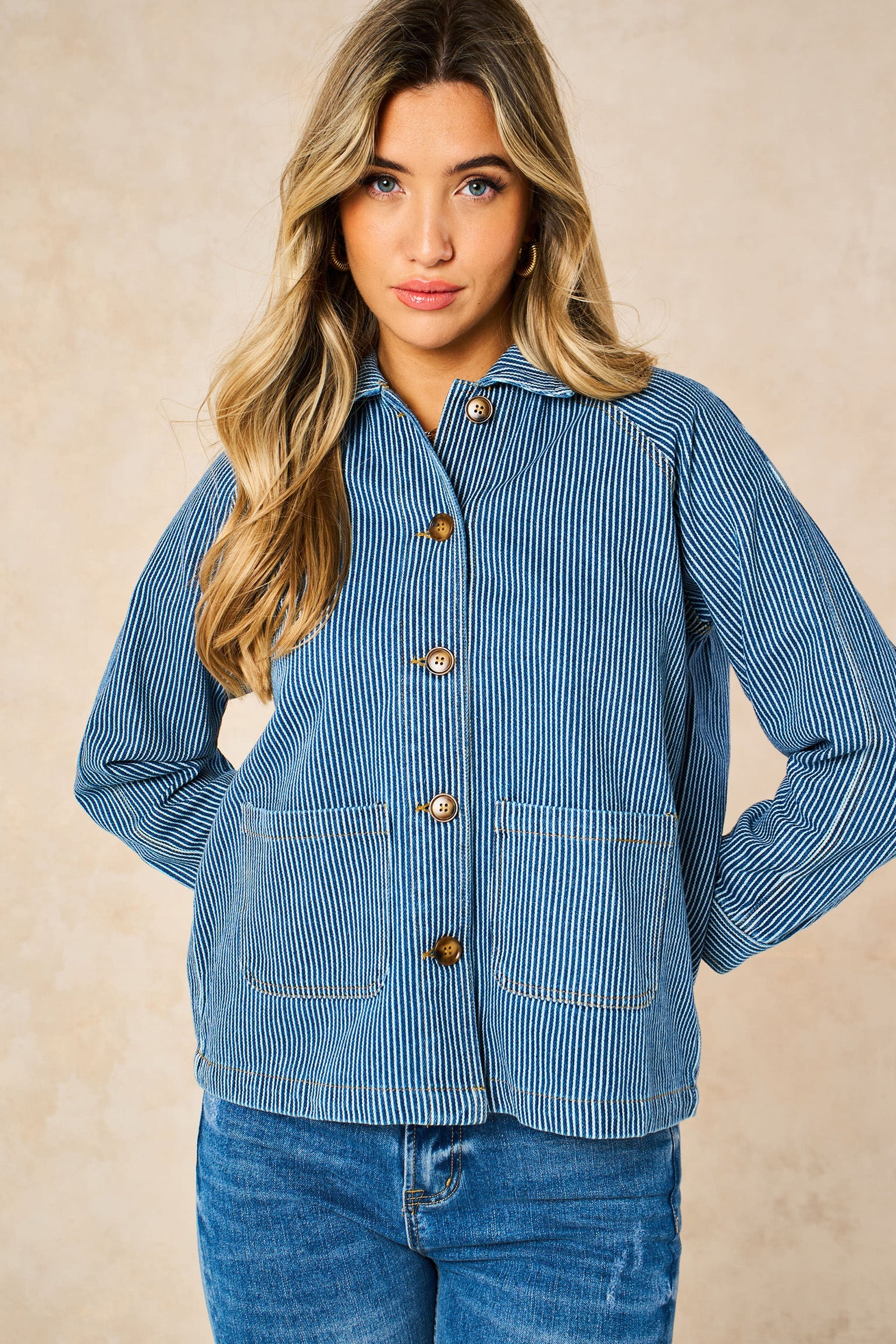 Striped Denim Box Jacket - Blue - Sarta UK