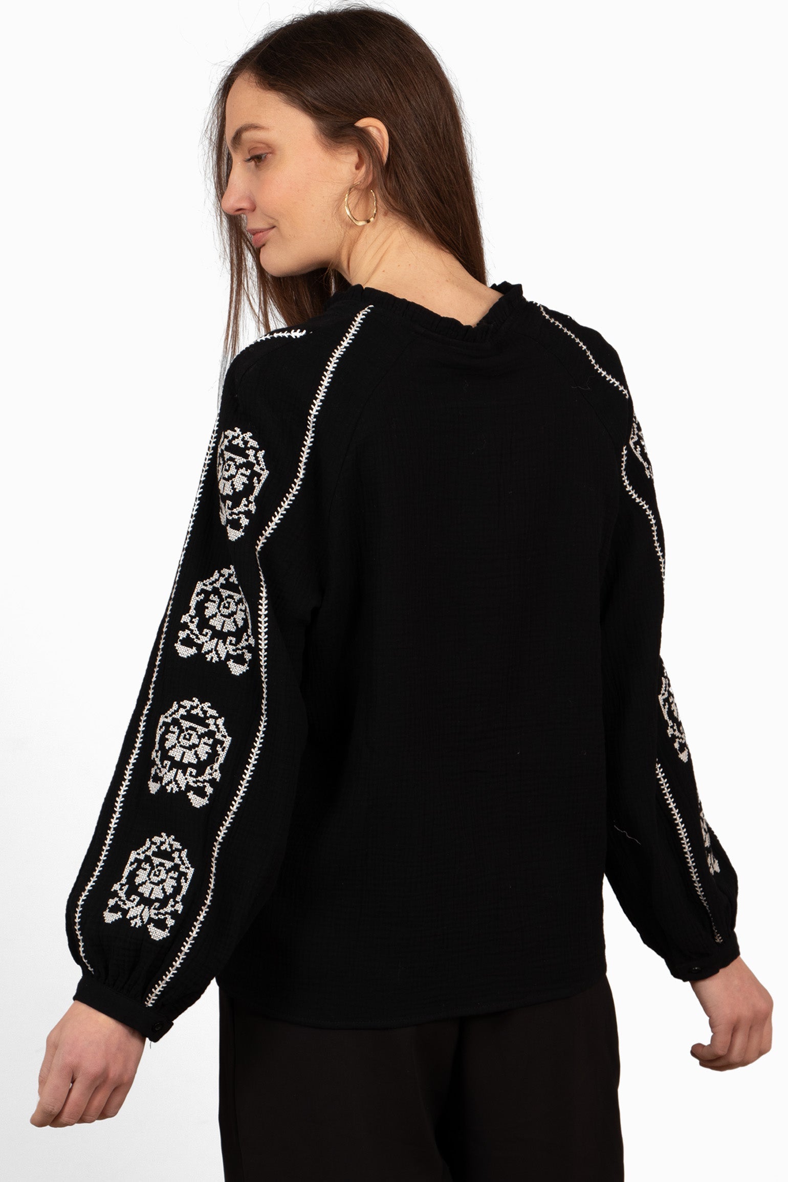 edie-v-neck-button-down-cotton-shirt-black-floral-embroidery-rear-view-back-is-plain
