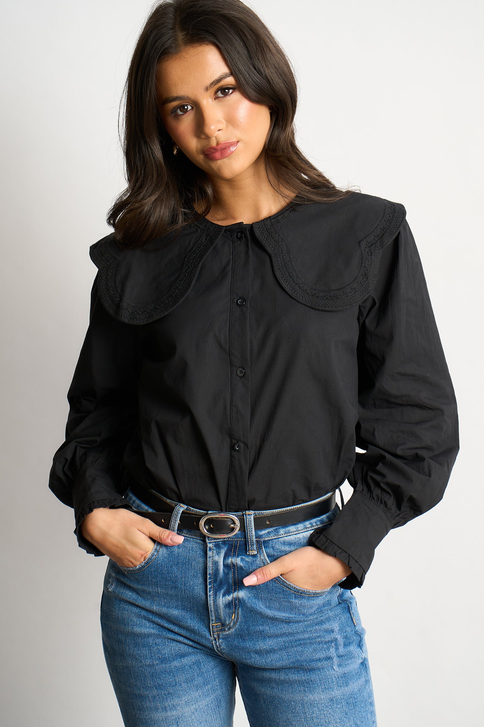 cammie-long-sleeve-cotton-shirt-black-pilgrim-collar-button-front