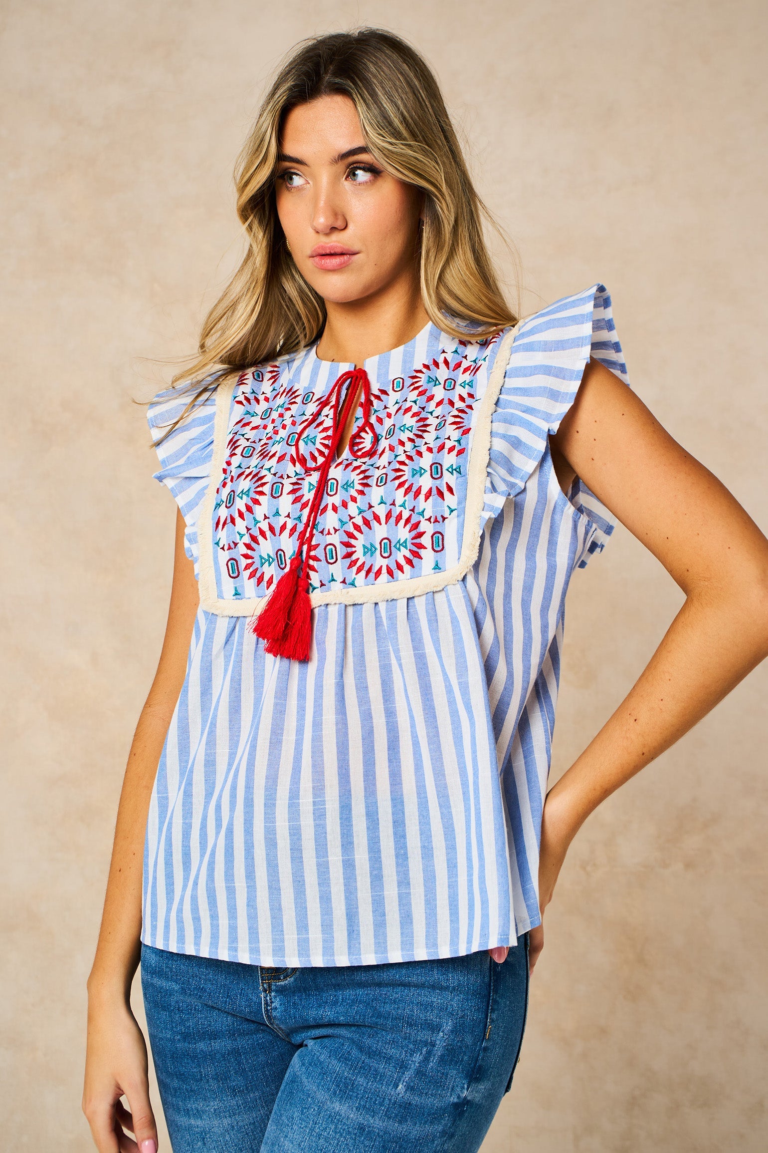 Embroidered-Striped-Ruffle-Sleeve-Cotton-Shirt-in-Blue-Side