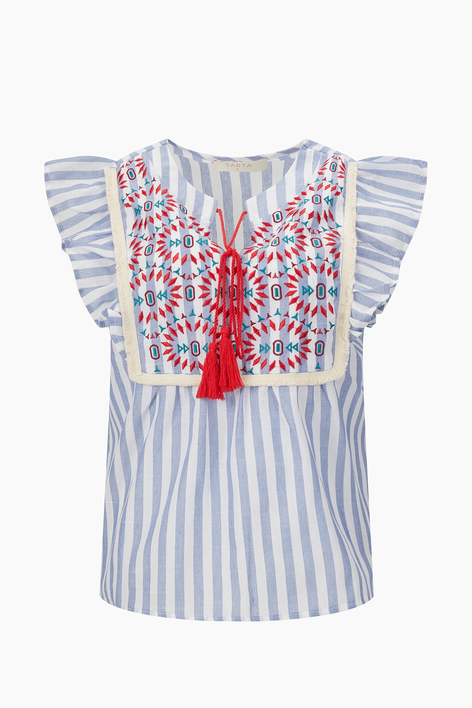 Embroidered-Striped-Ruffle-Sleeve-Cotton-Shirt-in-Blue-Product-Shot