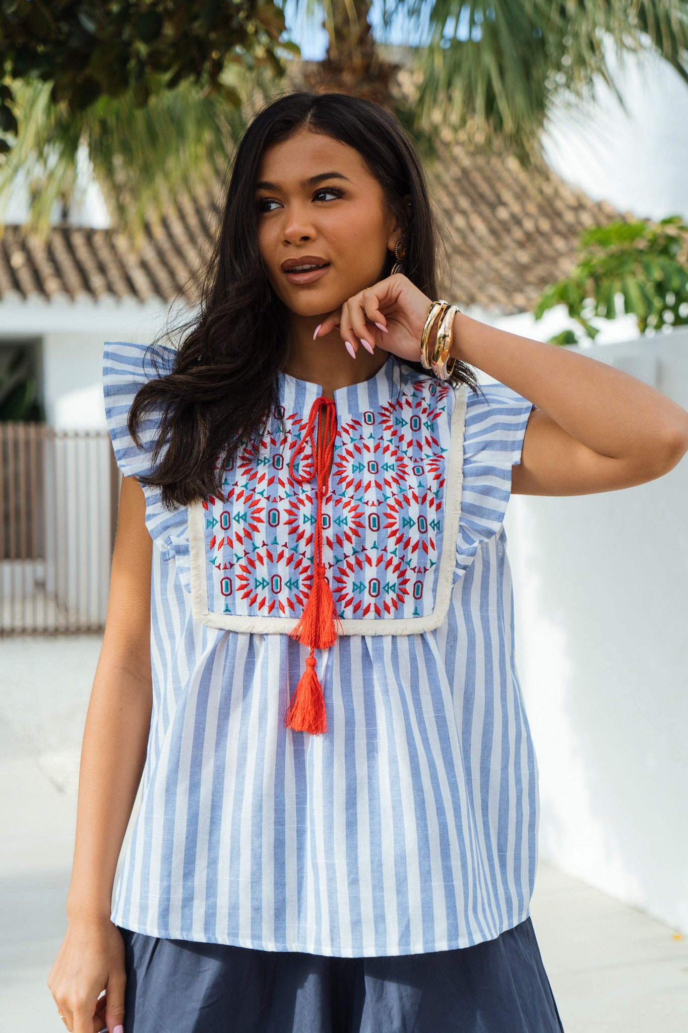 Embroidered-Striped-Ruffle-Sleeve-Cotton-Shirt-in-Blue