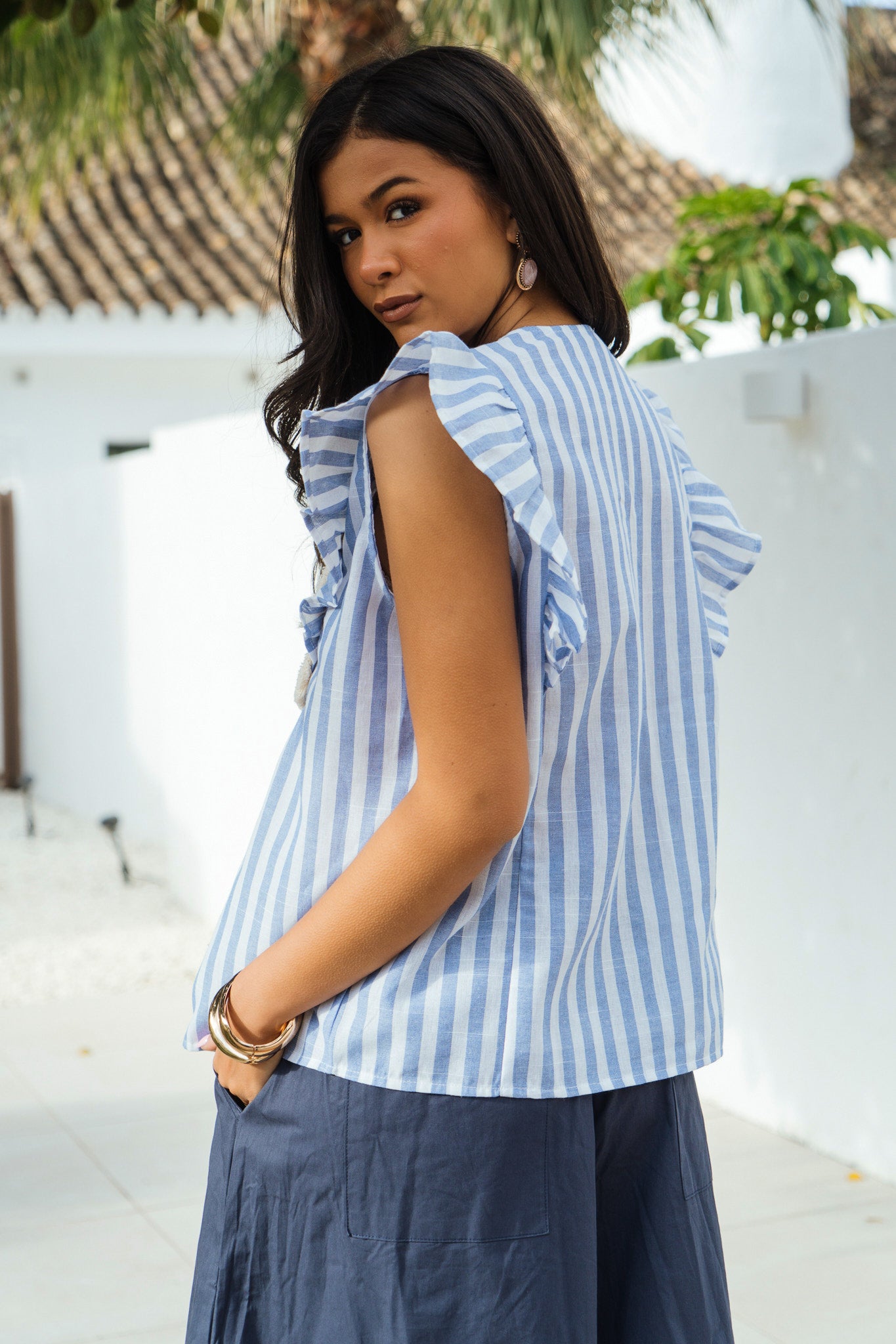 Embroidered-Striped-Ruffle-Sleeve-Cotton-Shirt-in-Blue
