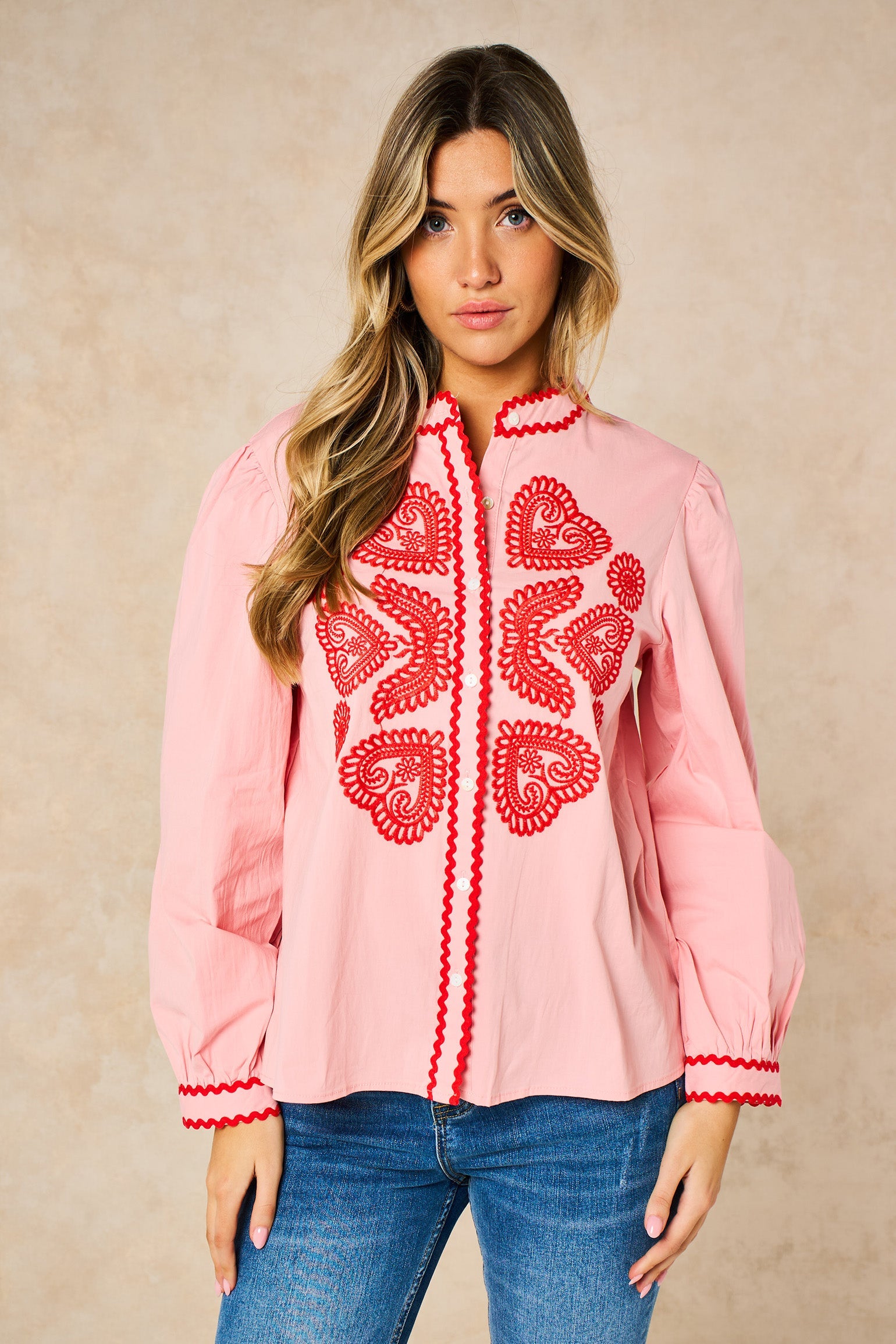 Embroidered-Hearts-Long-Sleeve-Cotton-Shirt-in-Pink-Front