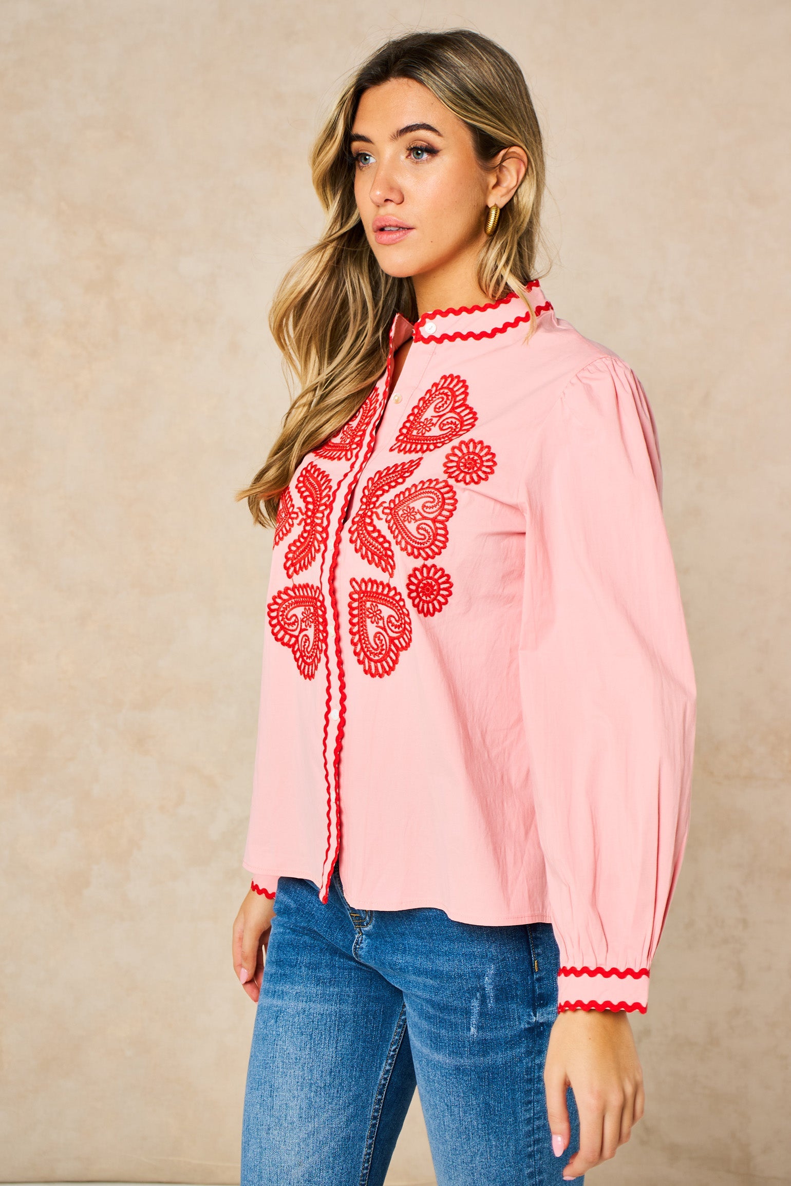 Embroidered-Hearts-Long-Sleeve-Cotton-Shirt-in-Pink-Side