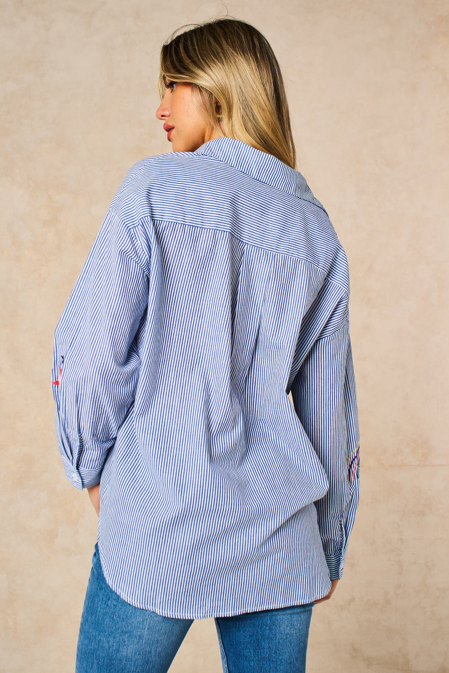 Embroidered-Striped-Long-Sleeve-Cotton-Shirt-in-Blue-Back