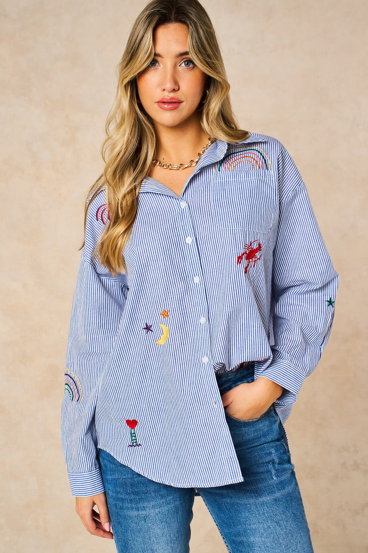 Embroidered-Striped-Long-Sleeve-Cotton-Shirt-in-Blue-Styled