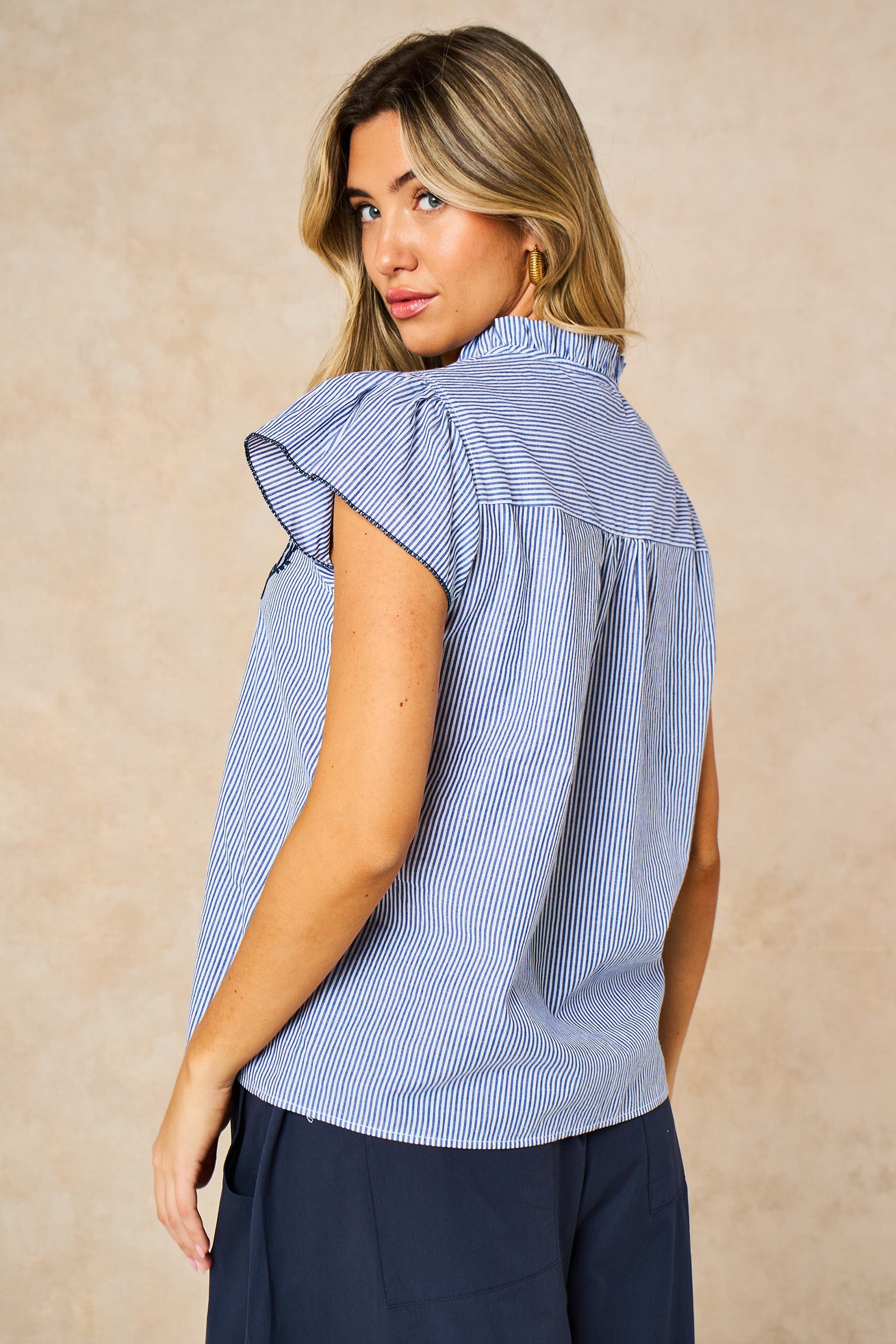 Embroidered-Floral-Short-Sleeve-Striped-Cotton-Shirt-in-Blue-Back