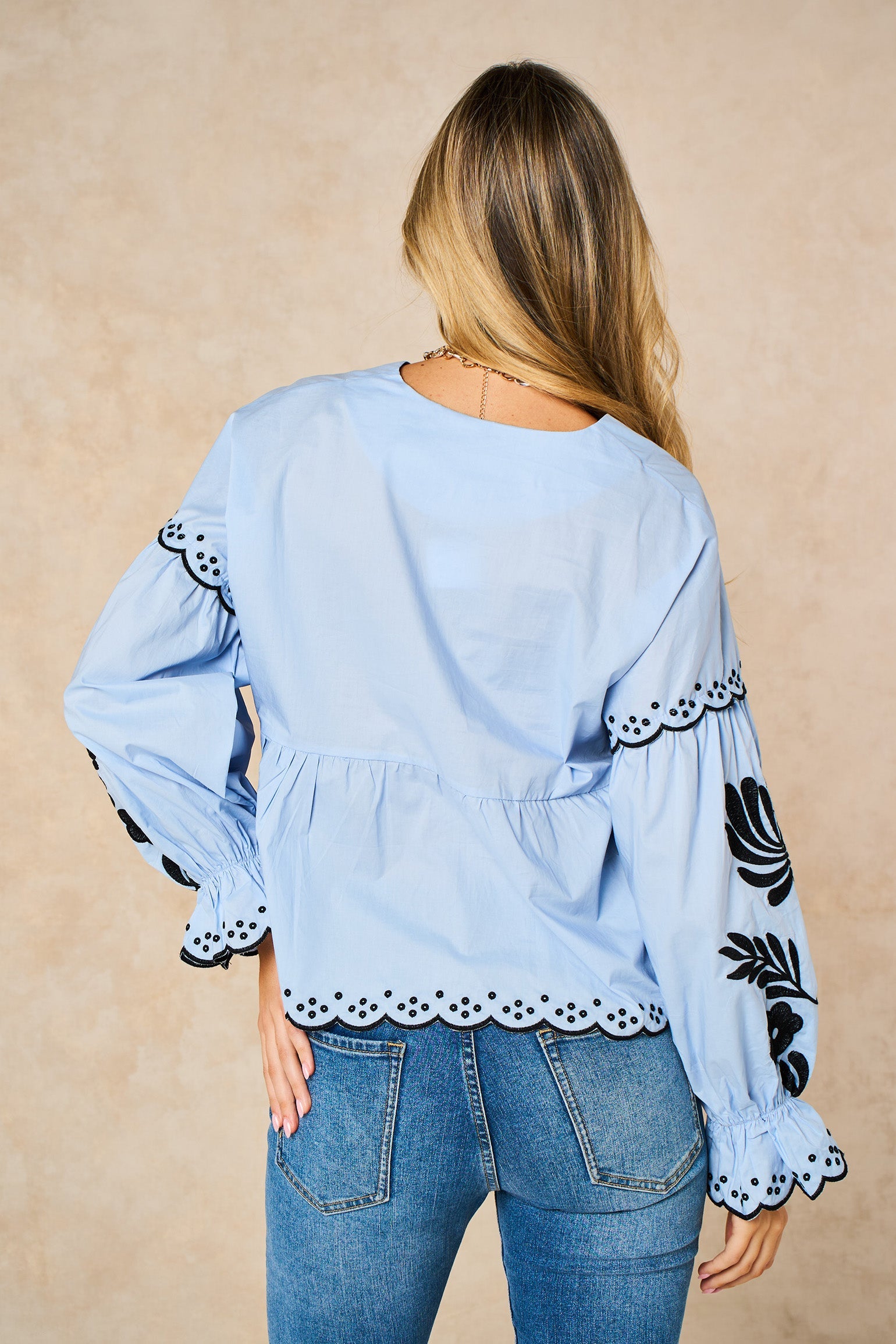 Embroidered-Floral-Front-Tie-Cotton-Shirt-in-Denim-Blue-Back