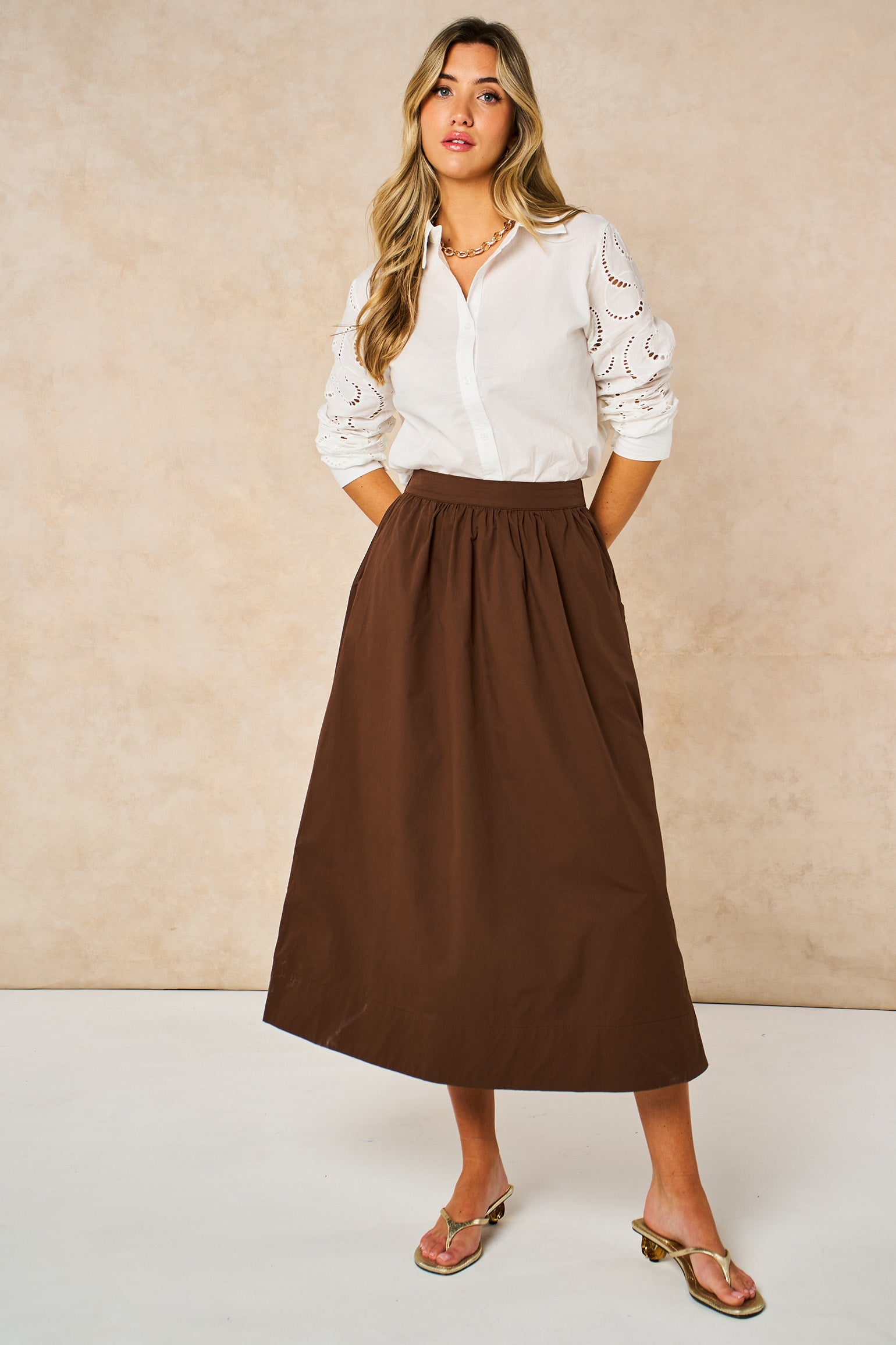 Cotton-Midaxi-Skirt-in-Brown-posed