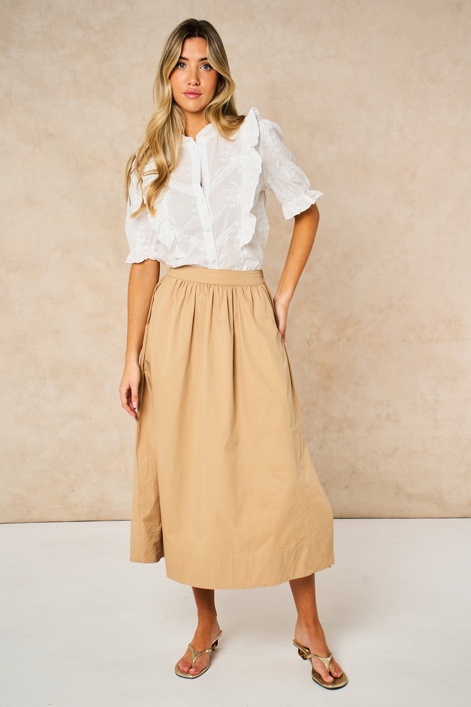 A-Line Cotton Midaxi Skirt Summer - Beige - Sarta UK