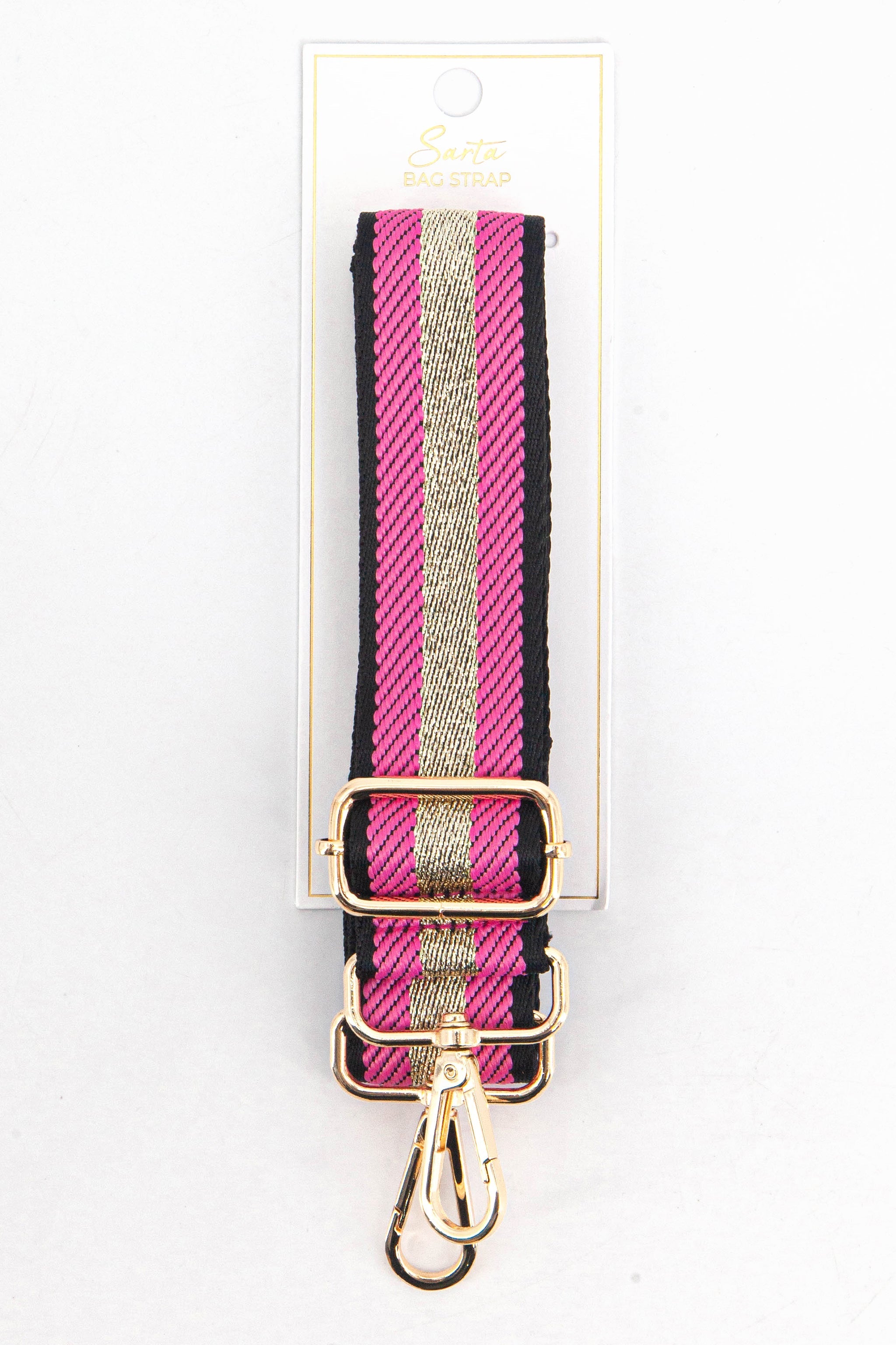 fuchsia pink and gold glitter stripe woven bag strap in its sarta packaging