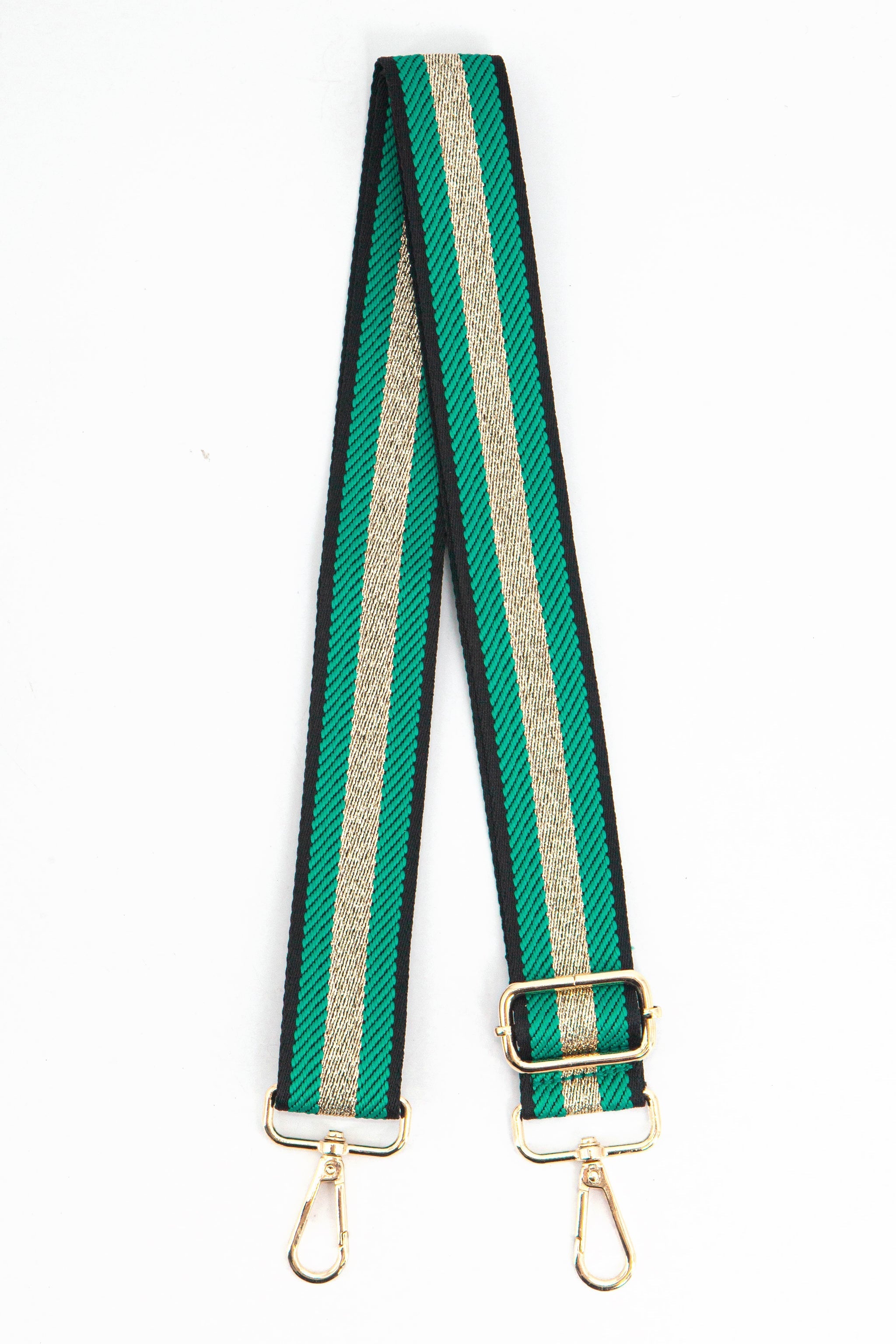 bright green bag strap with a gold glitter centre stripe and gold hardware