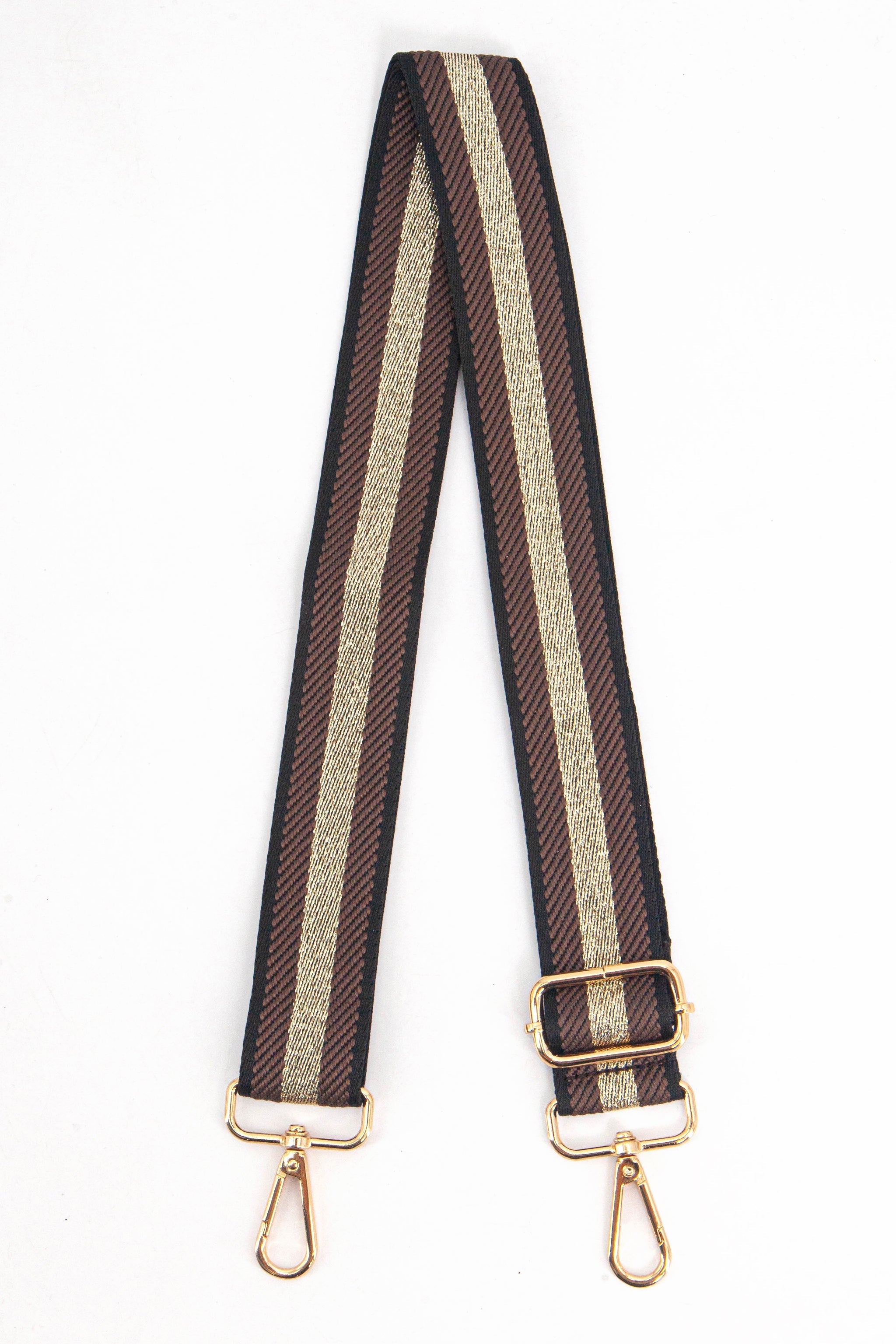 tan brown replacement bag strap with a central gold glitter stripe, the strap has gold clip on hardware