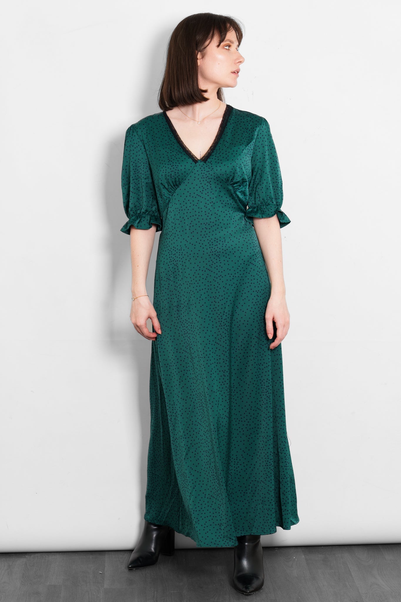 elise-v-neck-tea-dress-green-teal-polka-dot-silky-satin
