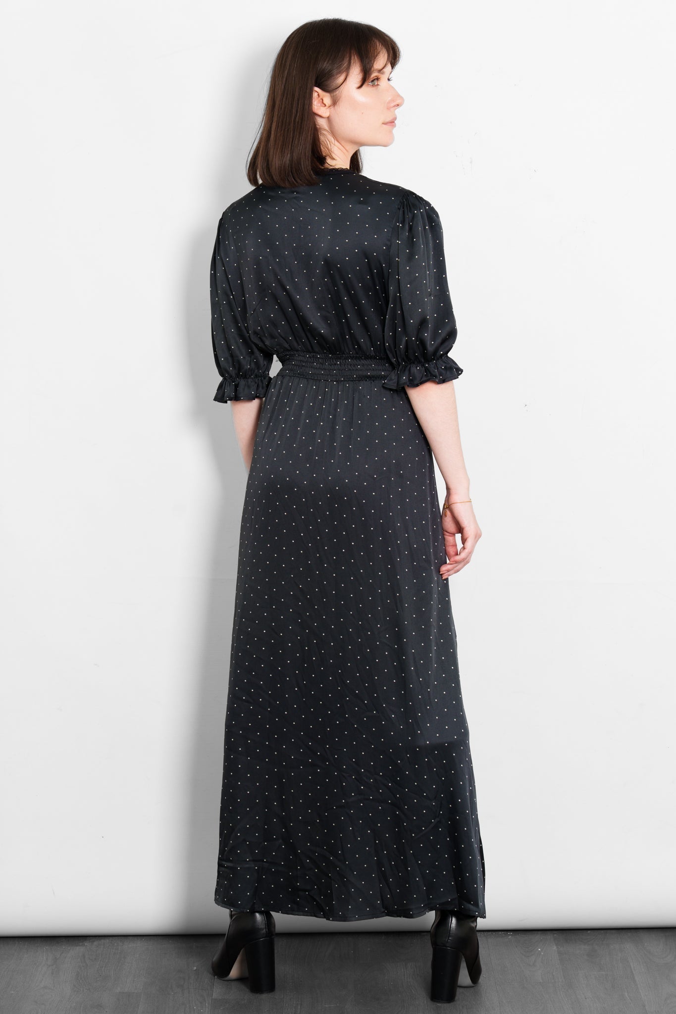 elise-v-neck-tea-dress-black-white-polka-dot-rear-view