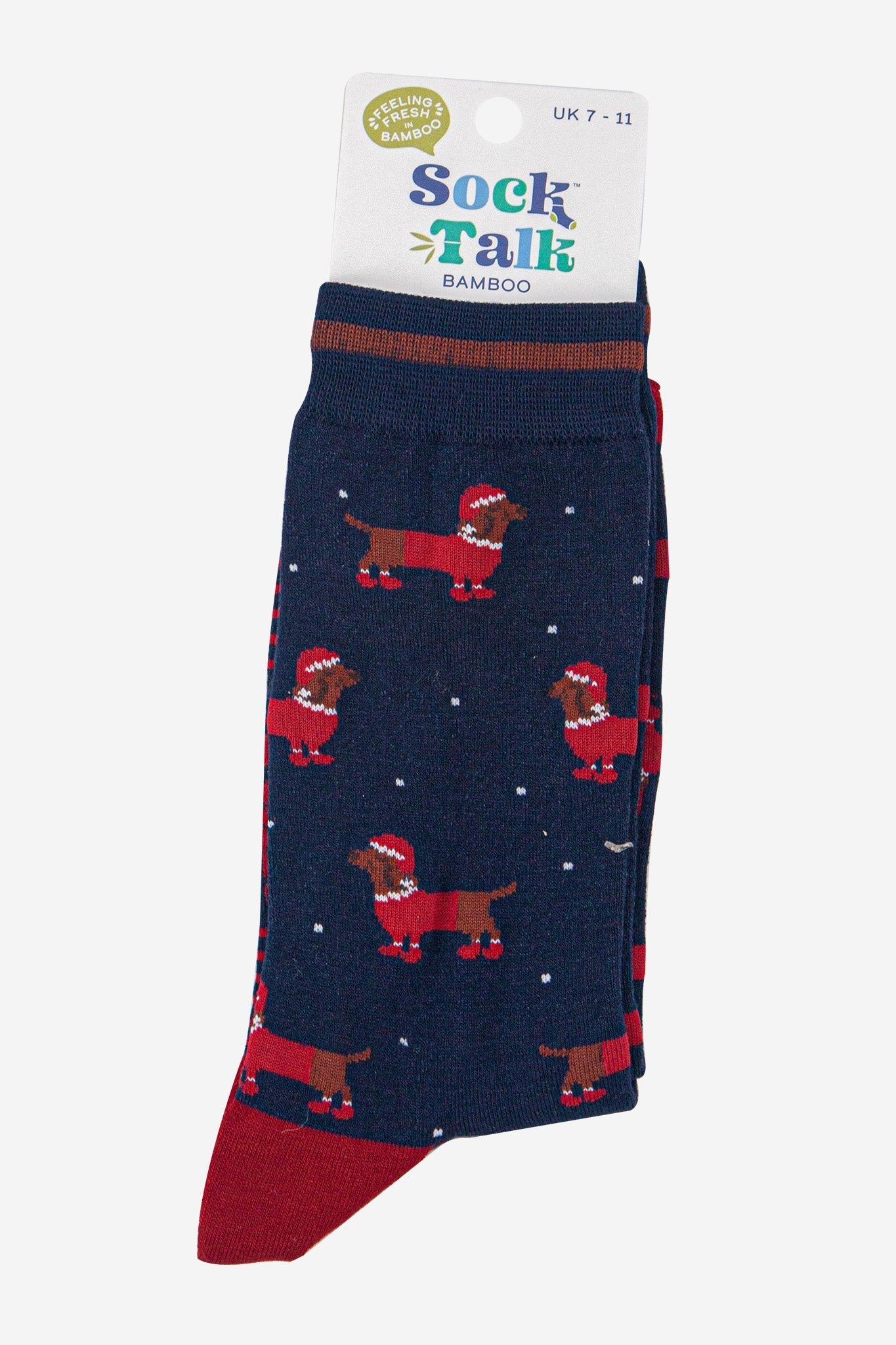 mens-bamboo-socks-navy-blue-red-santa-sausage-dog-in-sock-talk-packaging