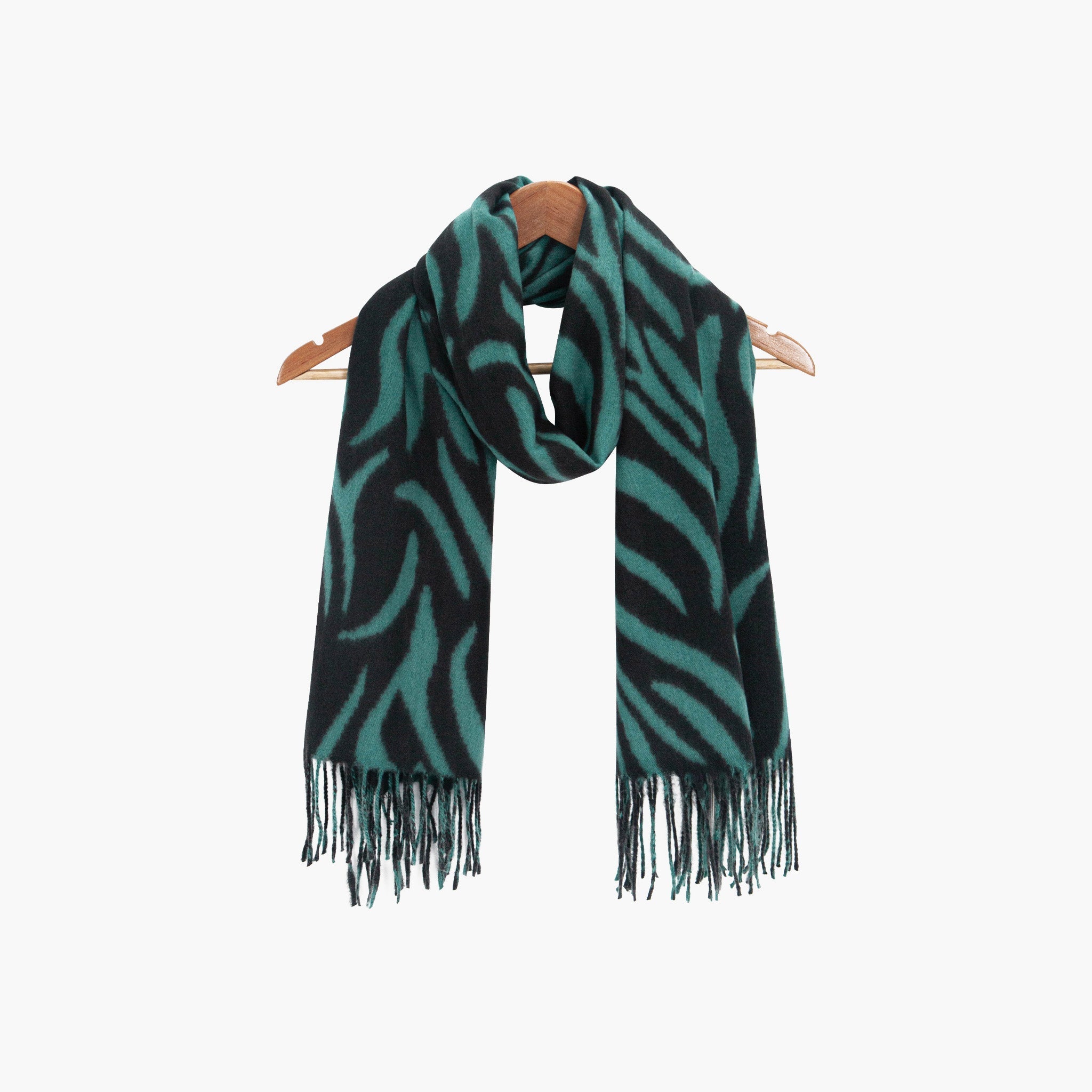 selene-blue-tiger-heavyweight-scarf-draped-on-coat-hanger