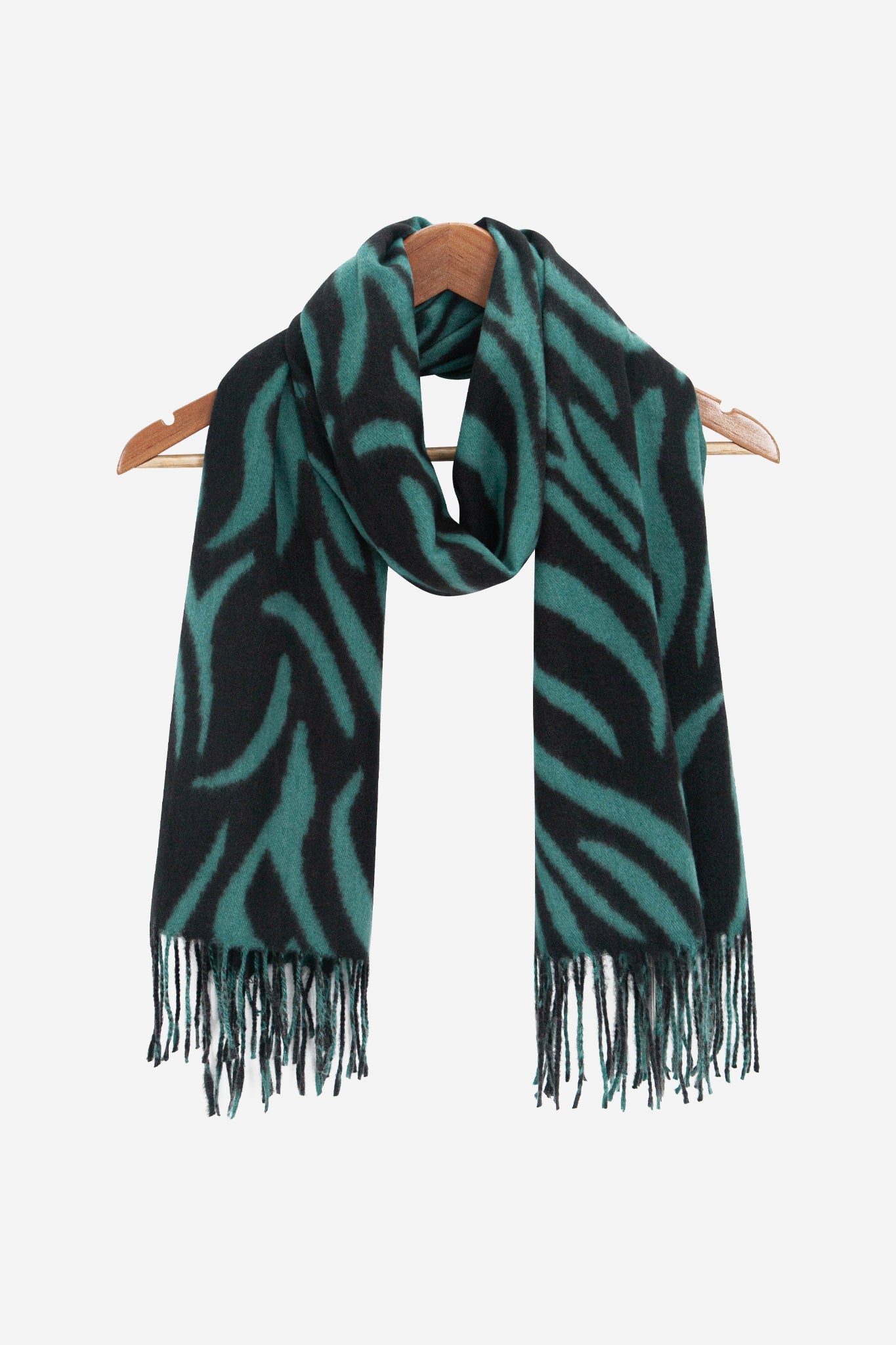 selene-blue-tiger-heavyweight-scarf-draped-on-coat-hanger