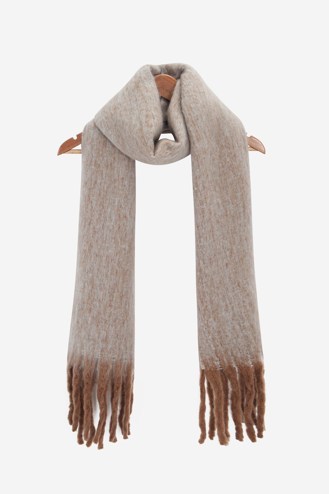 jules-camel-colourblock-heavyweight-scarf-draped-on-coat-hanger