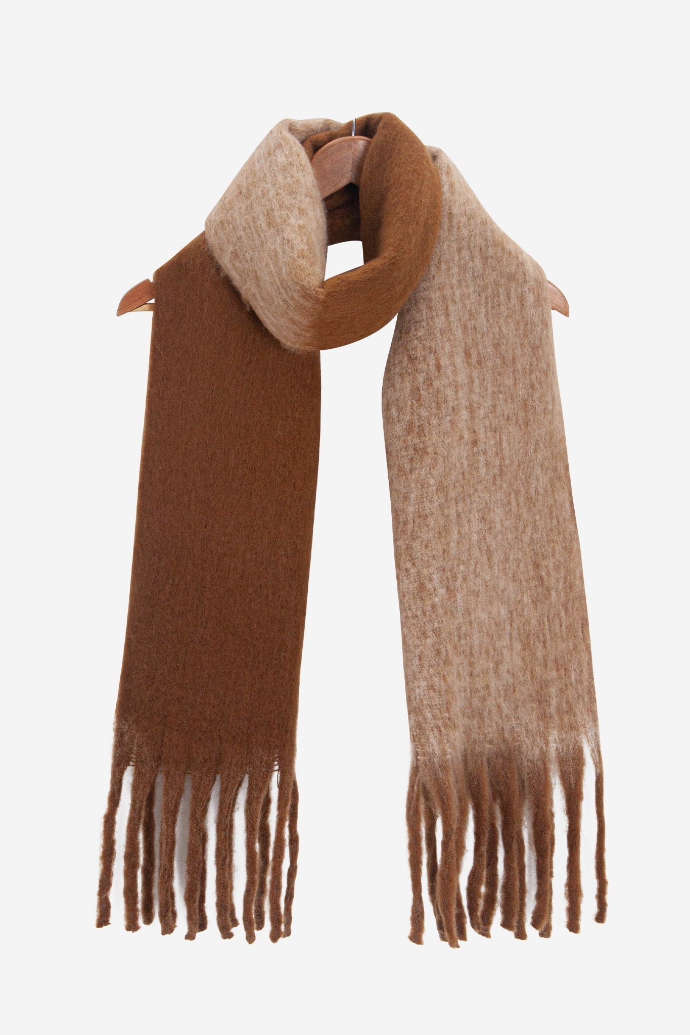 ria-brown-camel-colourblock-heavyweight-scarf-draped-on-coat-hanger