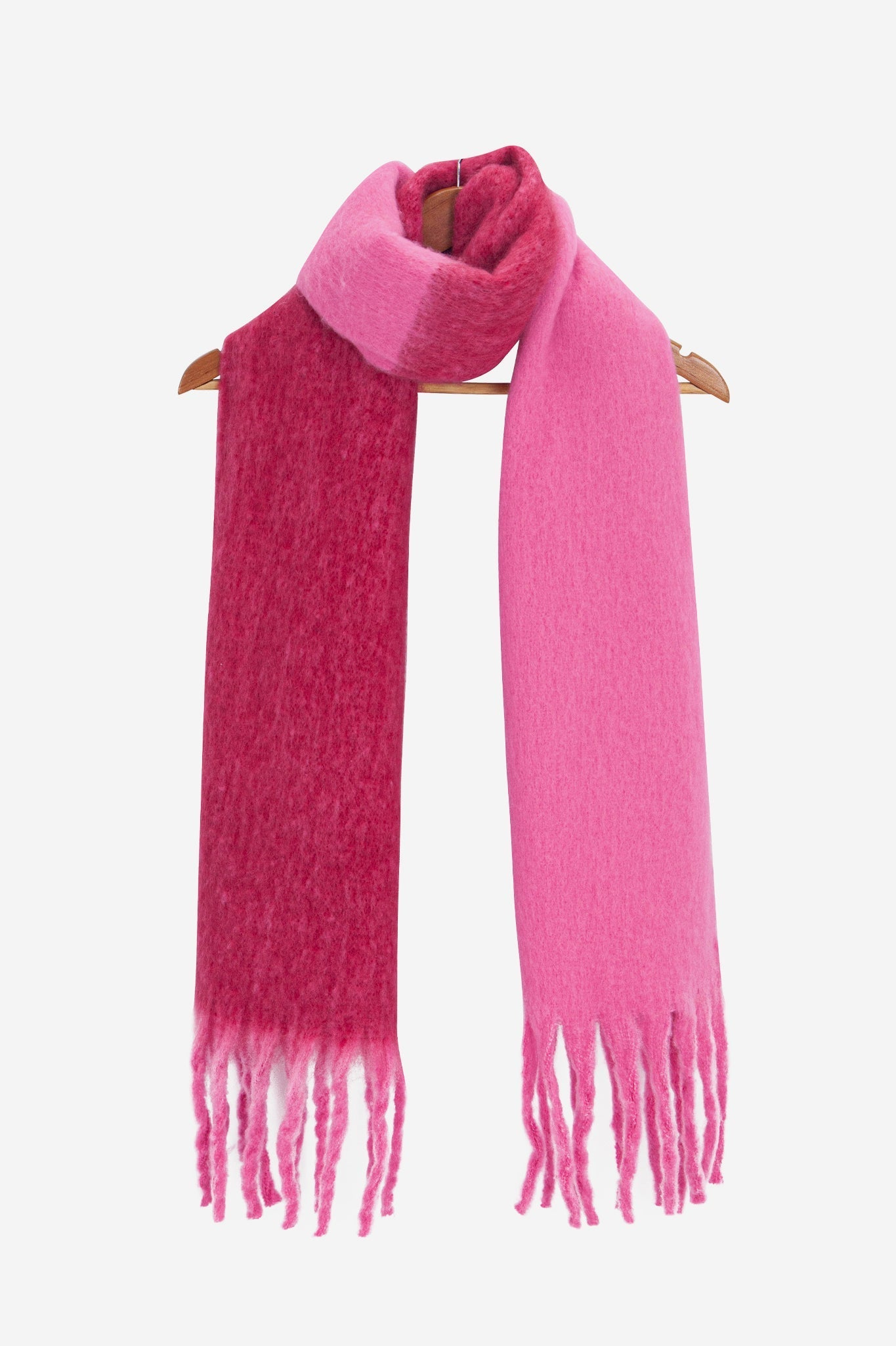 ria-pink-red-colourblock-heavyweight-scarf-draped-on-coat-hanger