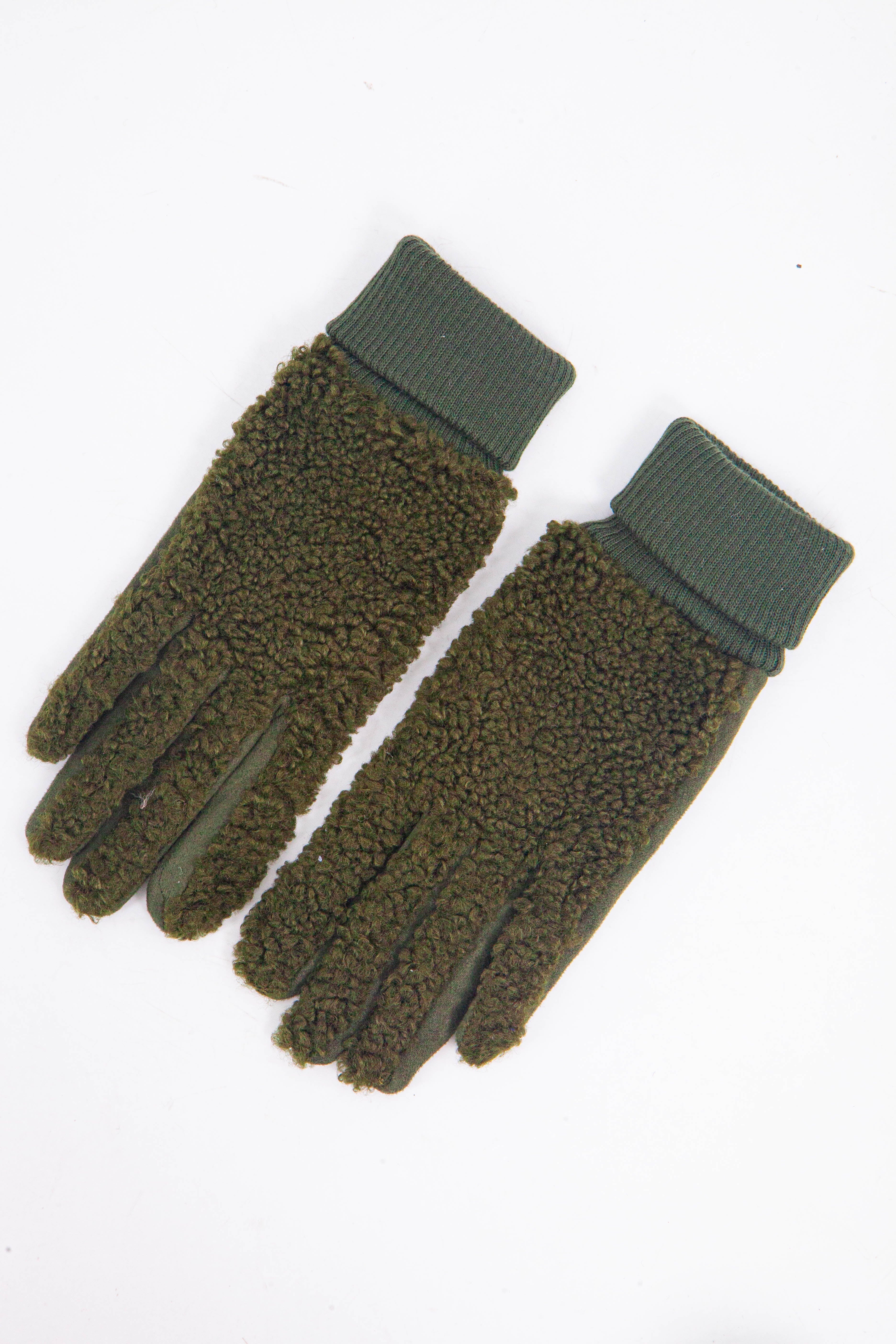 winnie-khaki-borg-fleece-gloves-green-fleecy-warm
