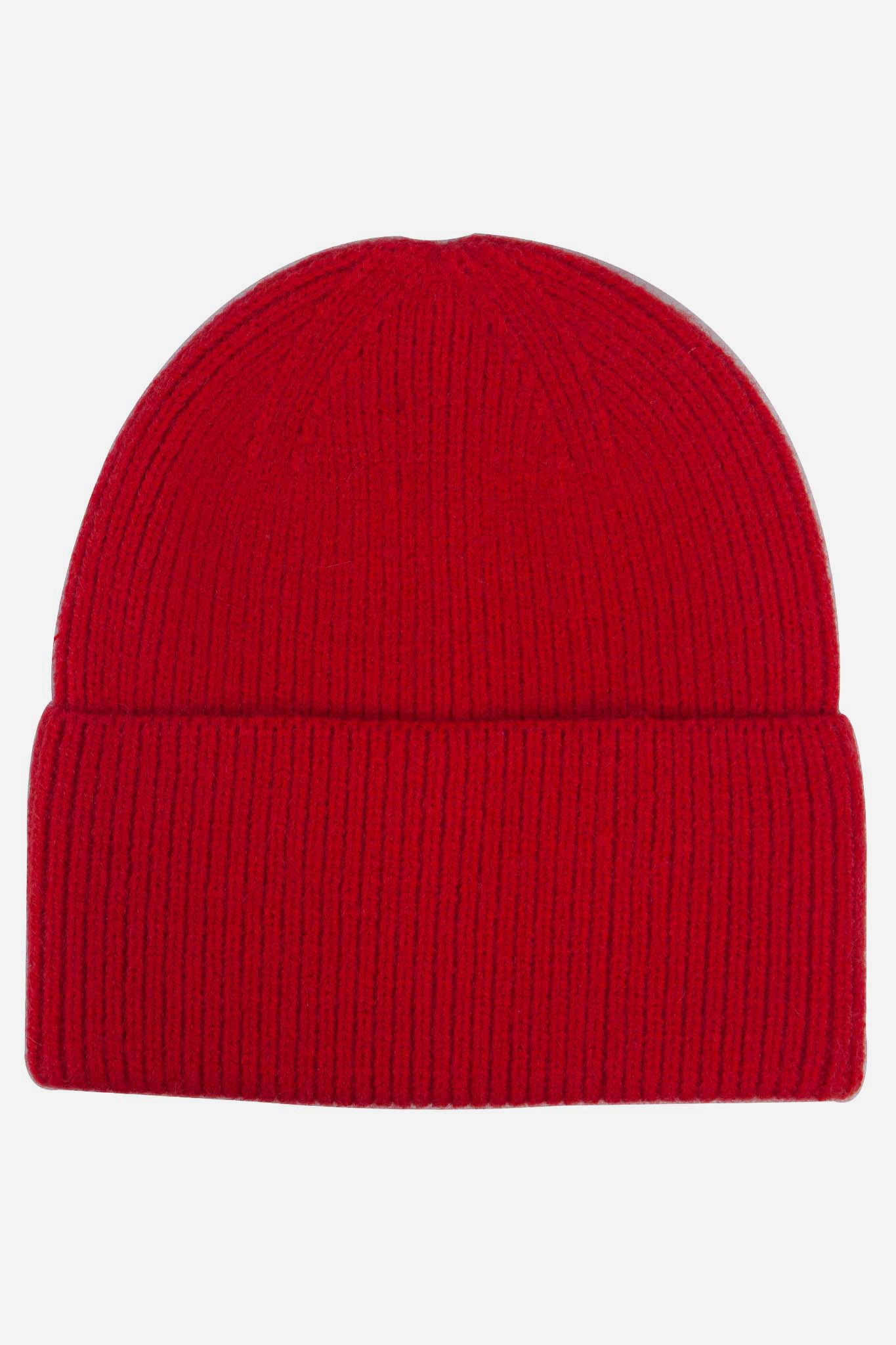 noelle-red-ribbed-beanie-hat-laying-flat