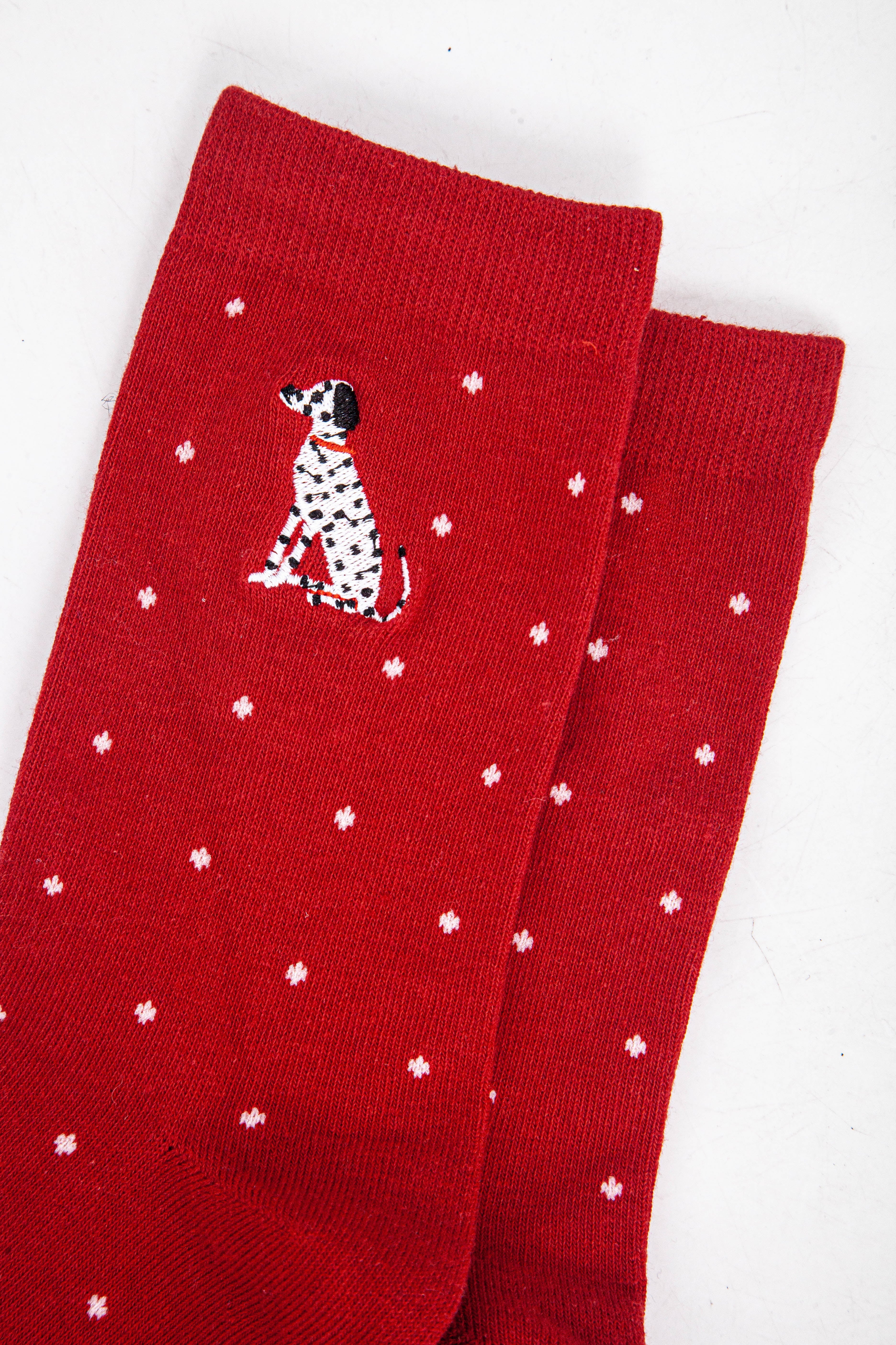womens-embroidered-ankle-socks-red-dalmatian-polka-dot-close-up-dog-pattern