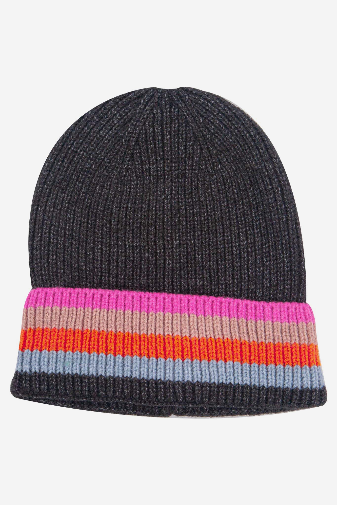 delta-black-rainbow-stripe-beanie-hat-laying-flat