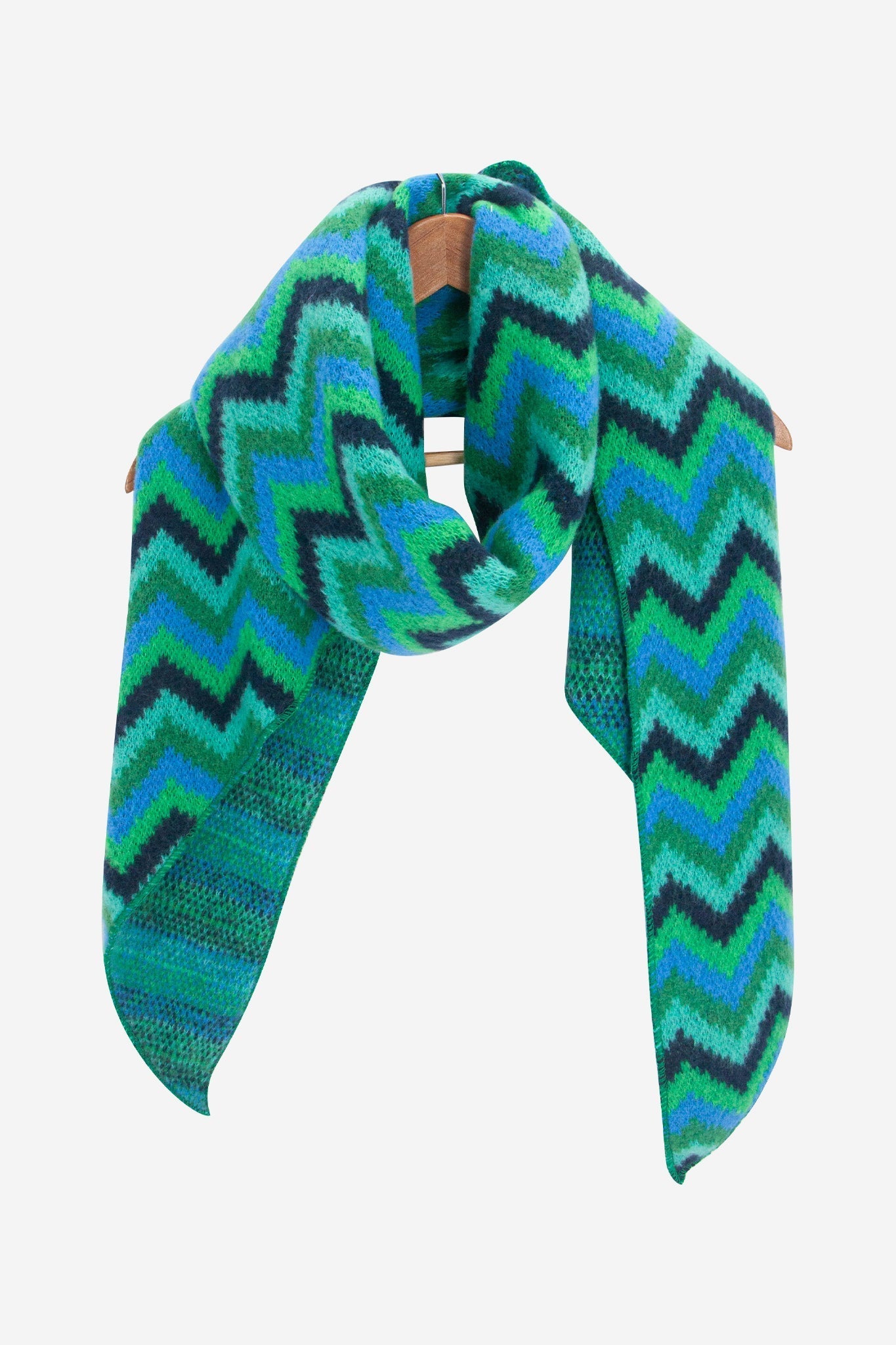 bobbie-blue-green-zig-zag-heavyweight-scarf-draped-on-coat-hanger