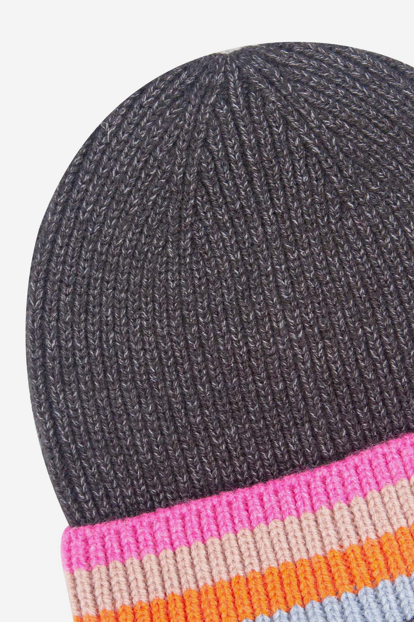 delta-dark-grey-rainbow-stripe-beanie-hat-close-up-knitted