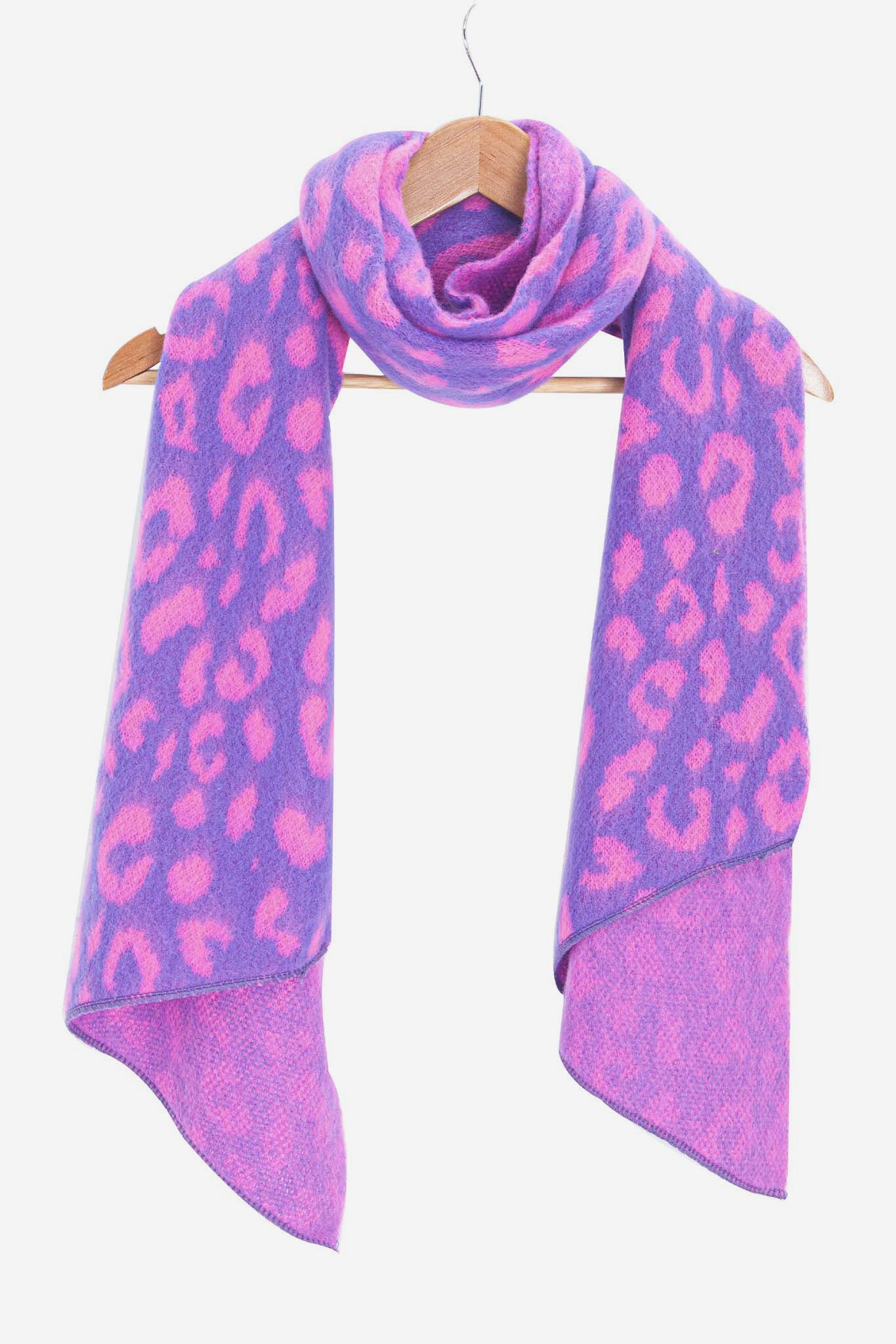 nico-purple-pink-leopard-heavyweight-scarf-draped-on-coat-hanger