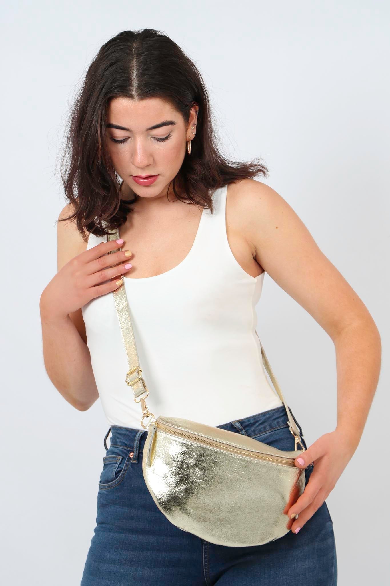 Meadow Half-Moon Crossbody Bag - Gold, Metallic
