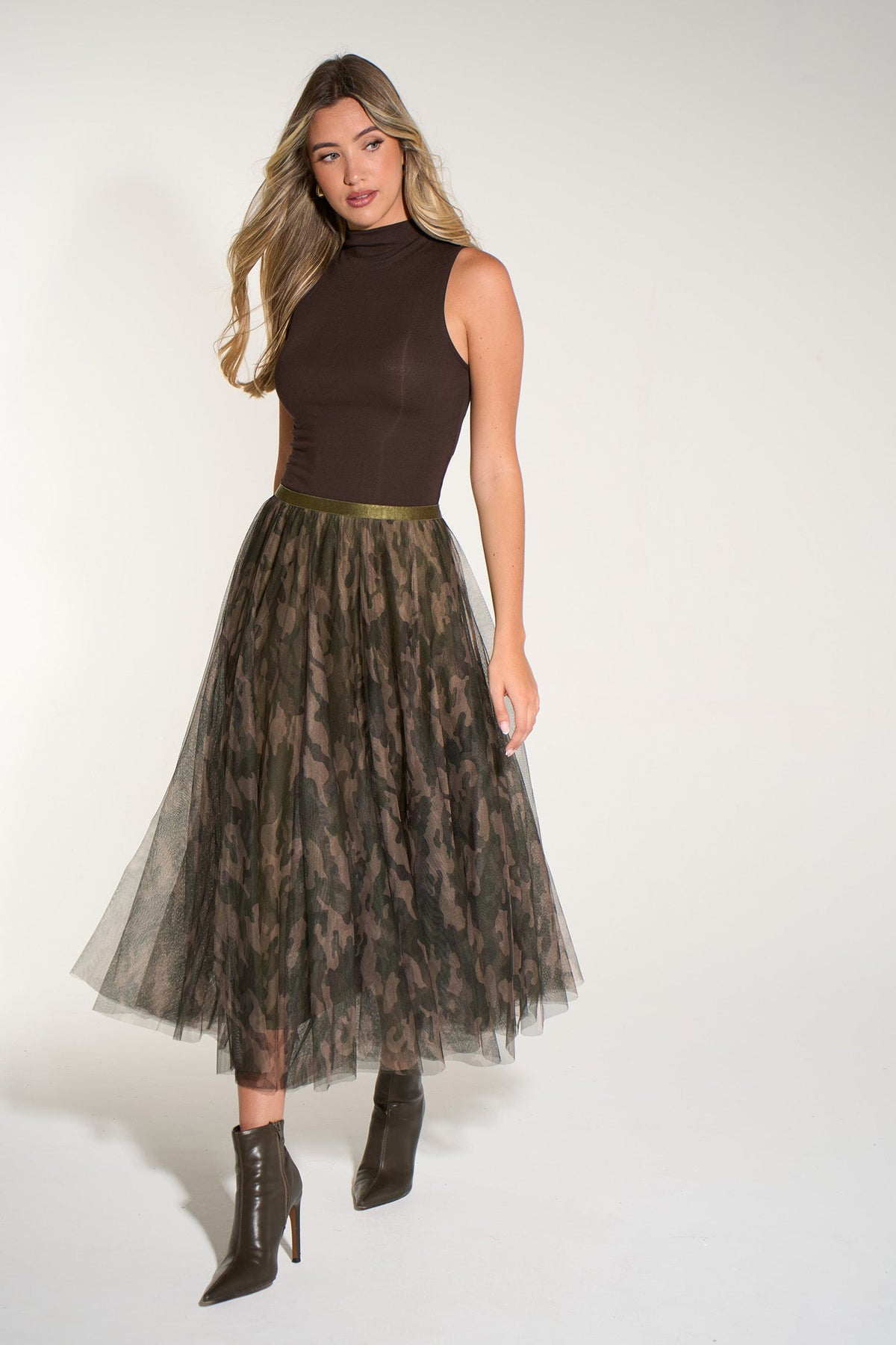 Camouflage--Midi-Tulle-Swing-Skirt-in-Khaki